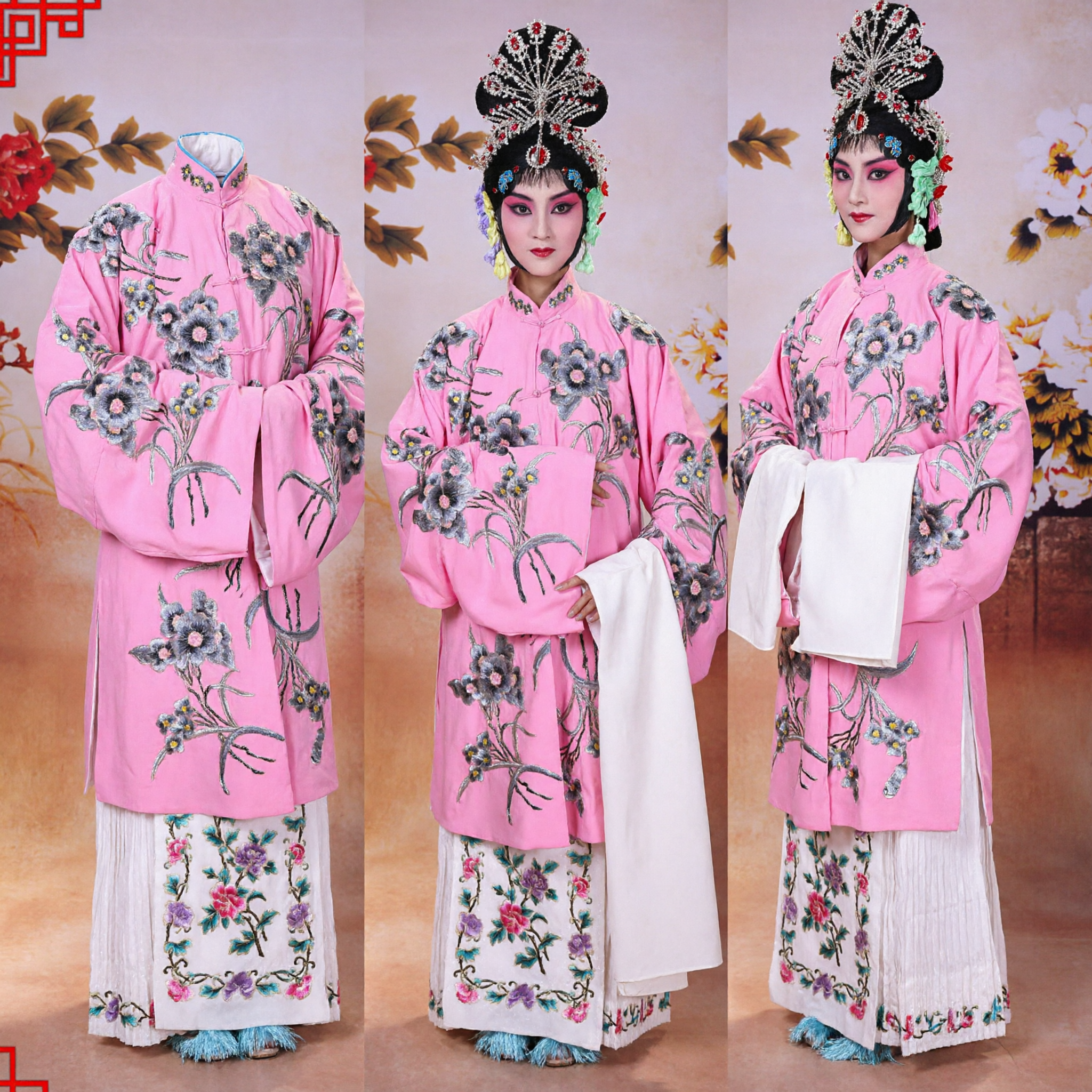 Traditional Chinese Peking Opera Costume Pink Embroidered Robe and Skirt Set for Women Stage Performance