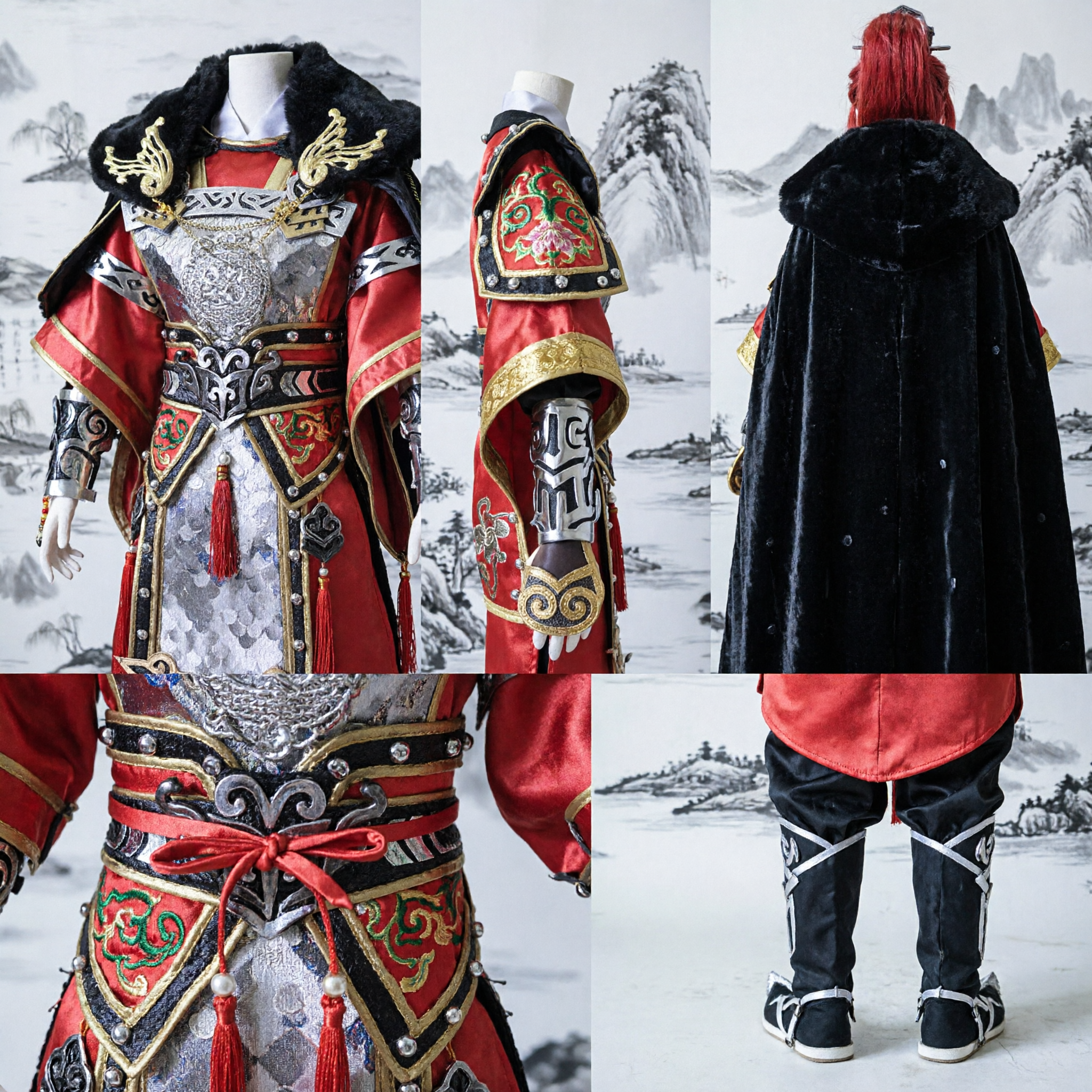 Ancient Chinese General Armor Red Black Warrior Hanfu Cosplay Costume for BJD Doll Display