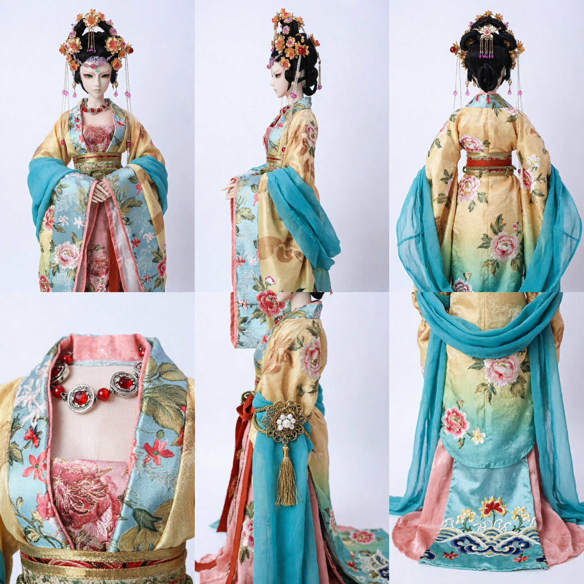 Exquisite Chinese Peking Opera Female Dan Costume Set with Elaborate Floral Headdress for BJD Doll Collectors