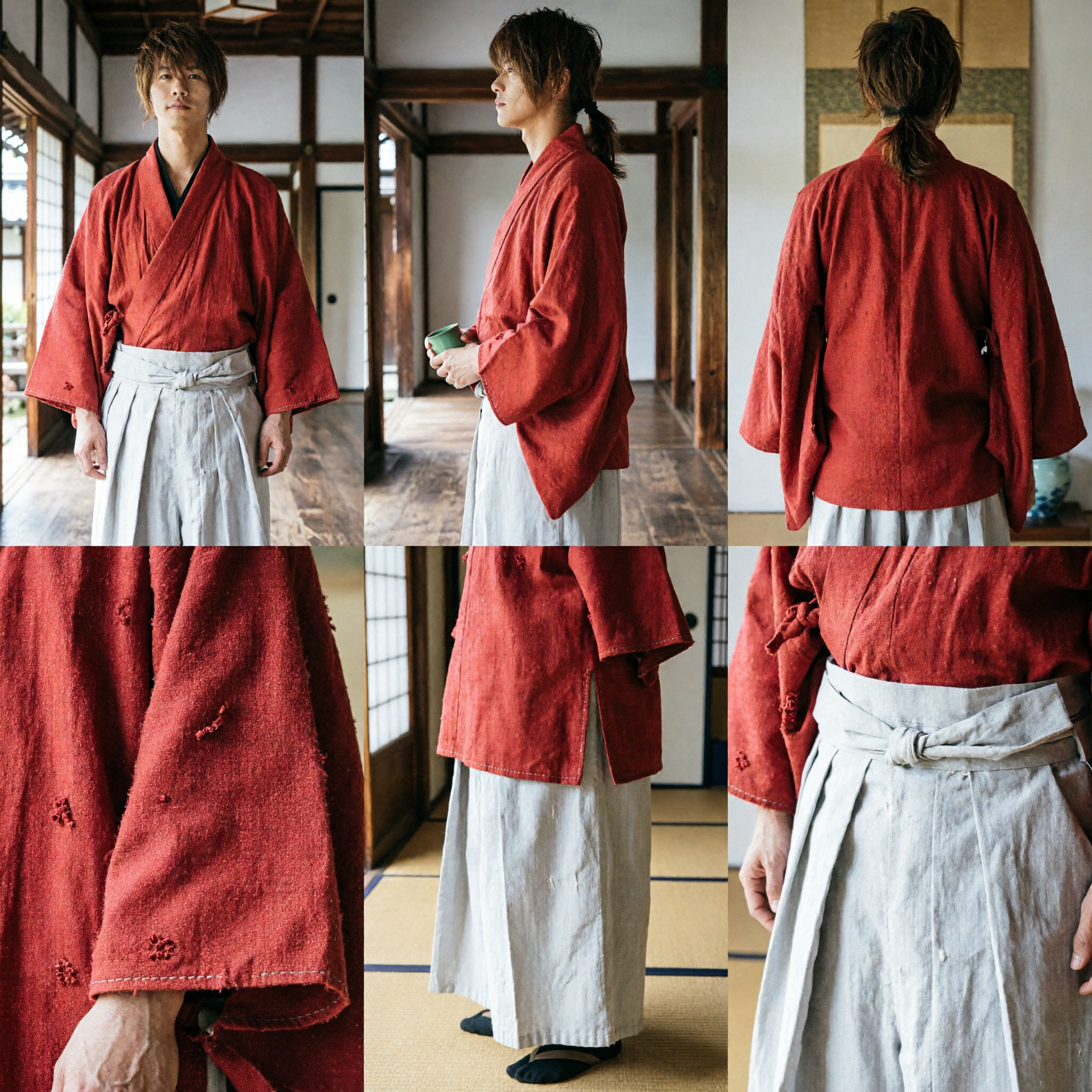 Mens Red Japanese Kimono Top and White Hakama Pants Set Traditional Samurai Cosplay Costume for Men
