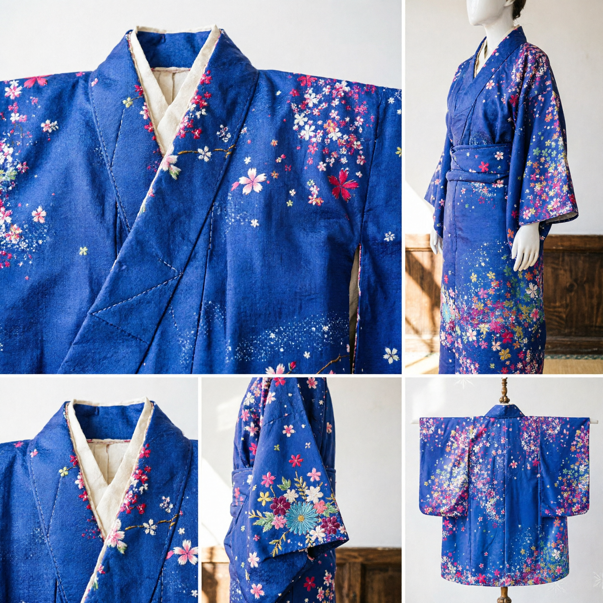 Elegant Blue Japanese Kimono with Sakura Cherry Blossom Print Traditional Costume for Festivals and Cosplay