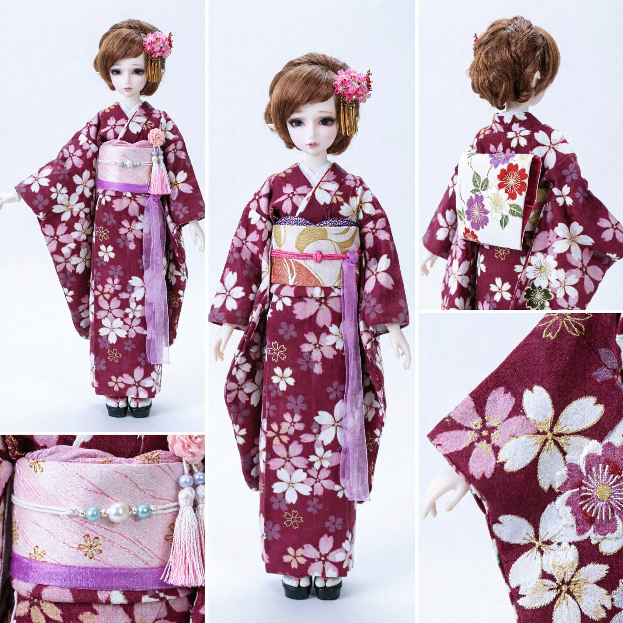 Elegant Purple Sakura Kimono Outfit for Dolls Traditional Japanese Geisha Costume Set with Accessories
