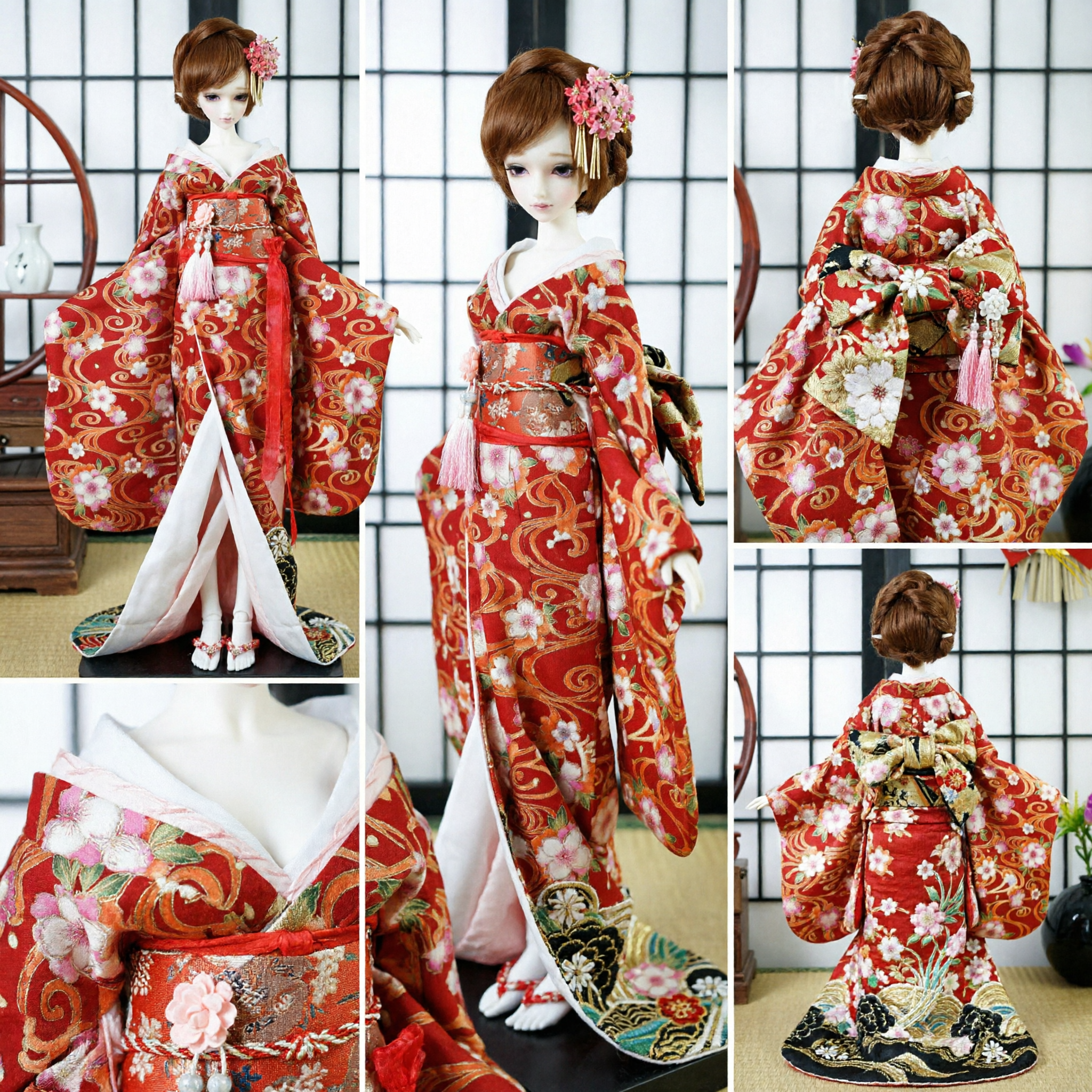 Red Floral Traditional Kimono Costume for BJD Dolls Asian Oriental Wedding Hanfu Dress Collectible Gift