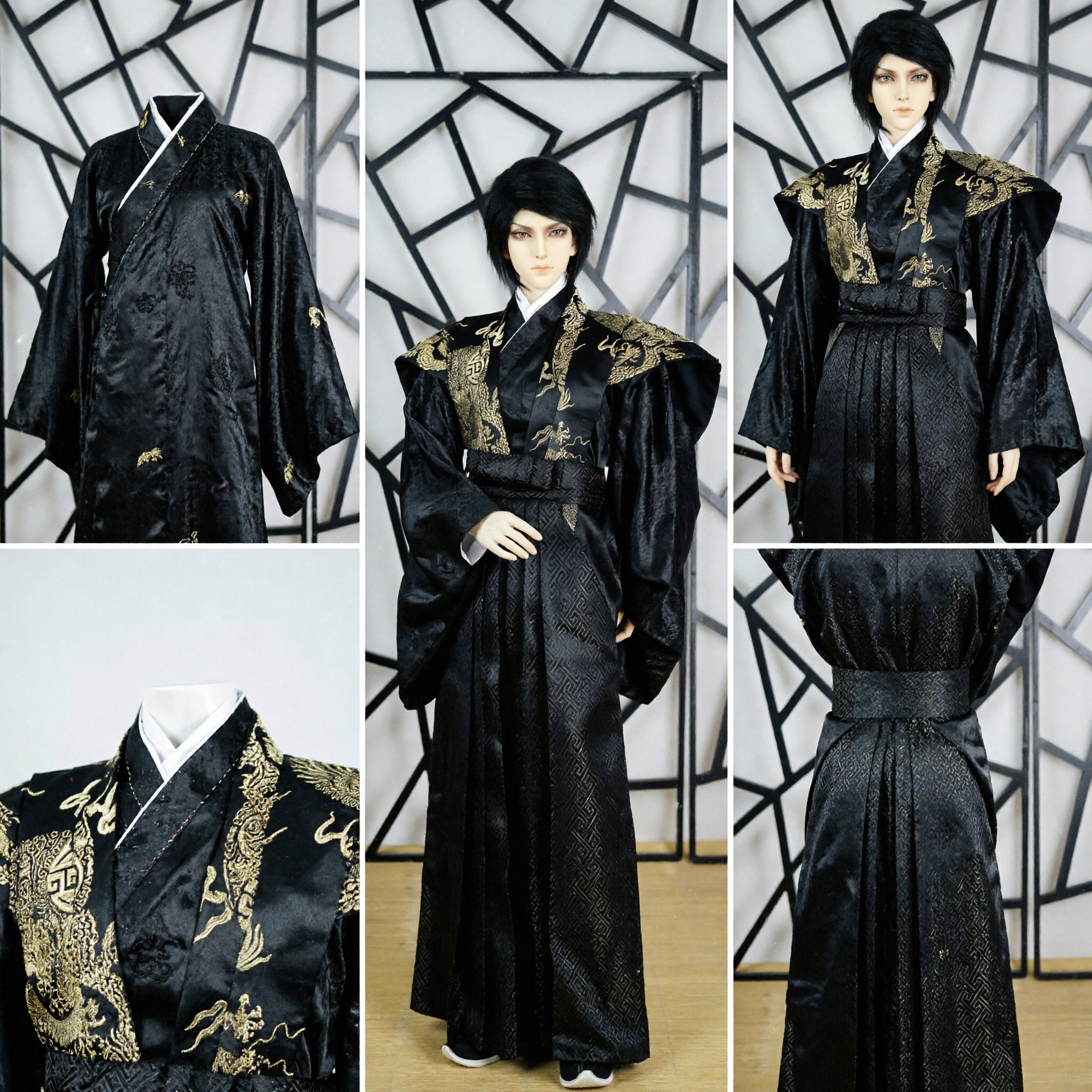 Men's Black Traditional Chinese Hanfu Robe with Gold Dragon Embroidery for Wuxia Cosplay and Historical Performance