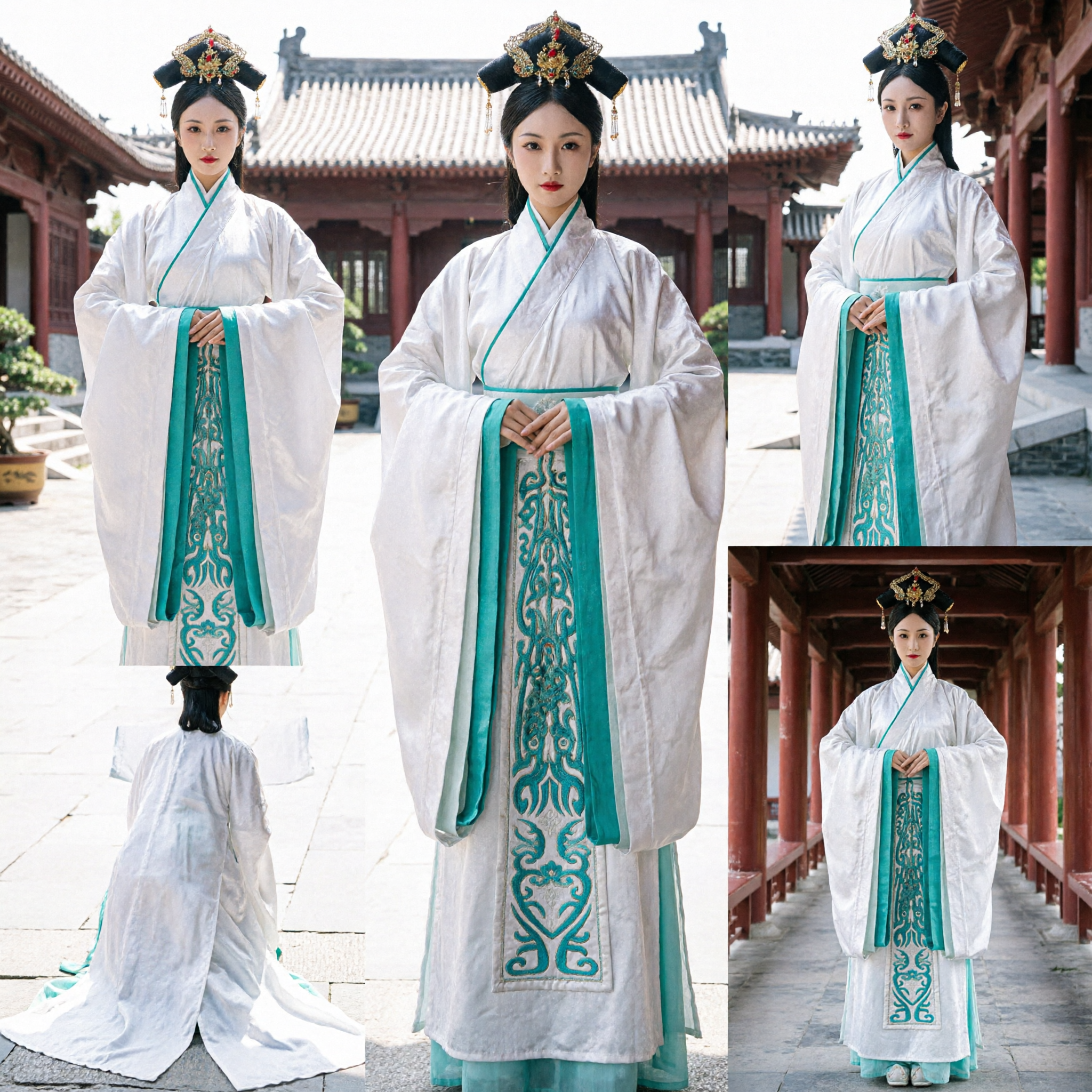 Traditional Chinese Ancient Palace Lady Hanfu Costume White Dress with Teal Embroidery for Women Performance Cosplay