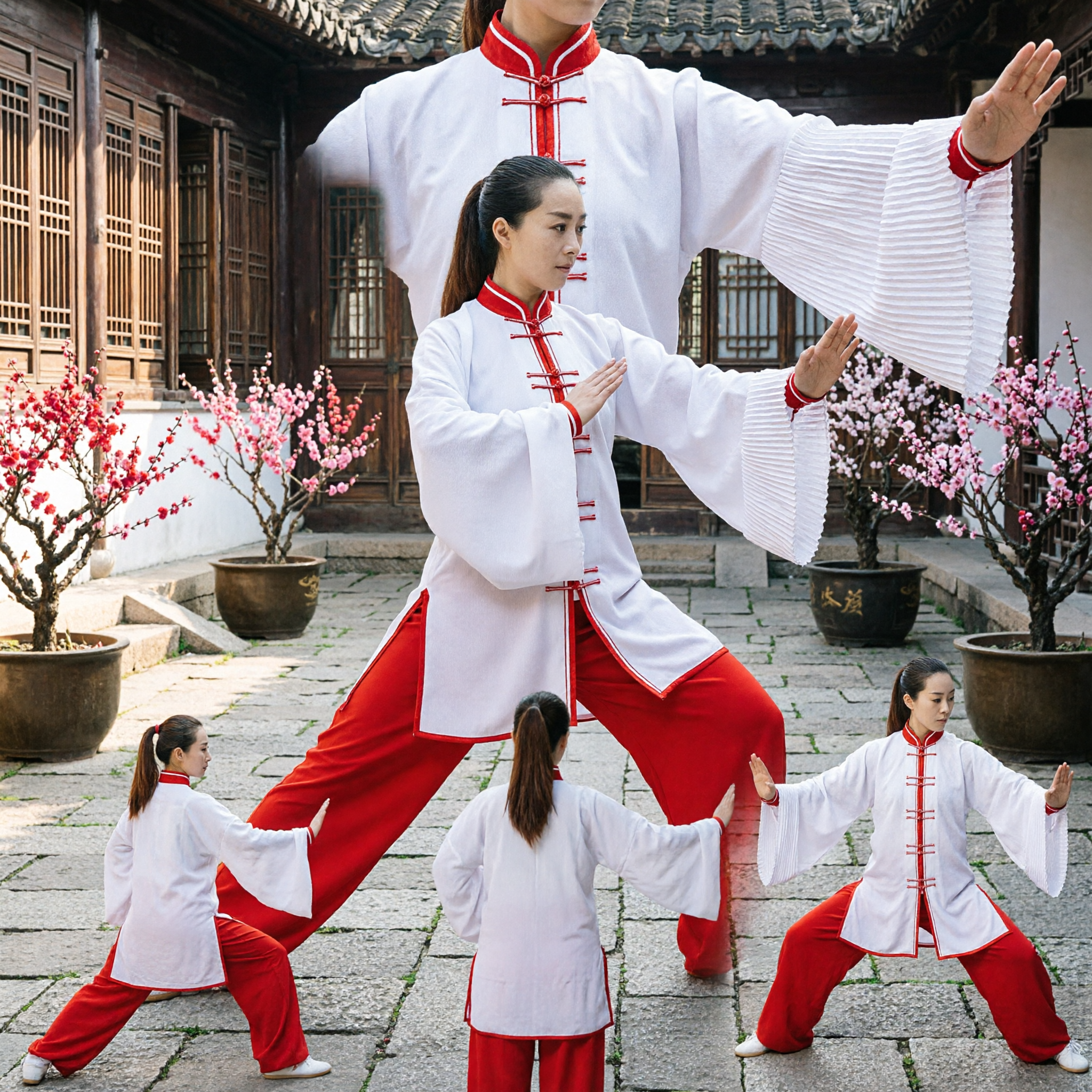 Women's Traditional Chinese Kung Fu Uniform White Top Red Pants Tai Chi Martial Arts Suit