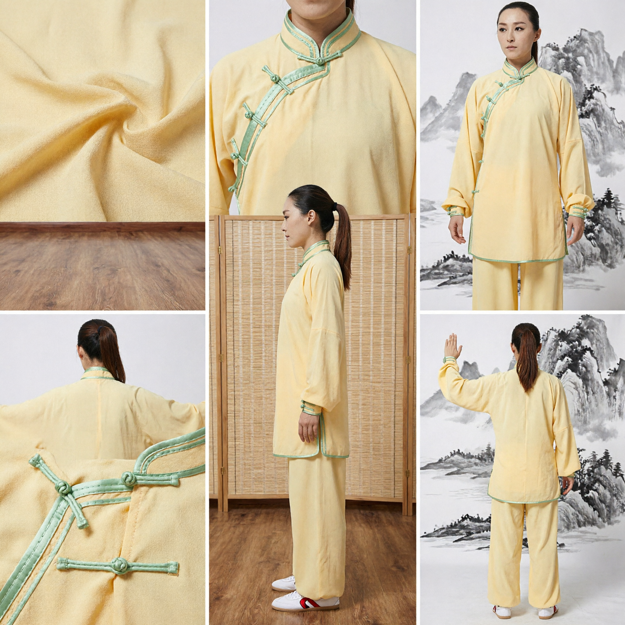 Traditional Yellow Tai Chi Uniform for Women Kung Fu Martial Arts Clothing Set with Frog Buttons
