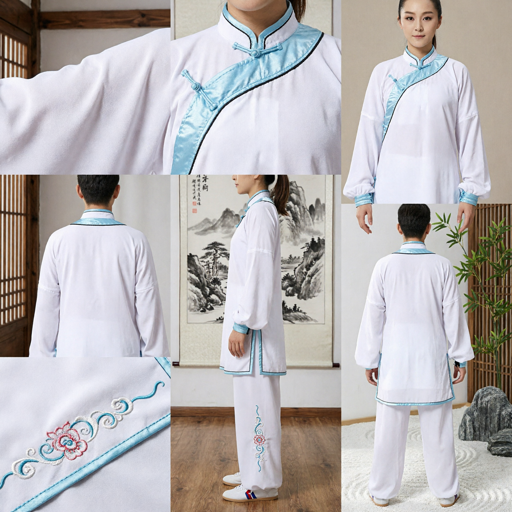 Women's White Tai Chi Uniform Traditional Chinese Kung Fu Suit with Blue Trim for Wushu Practice