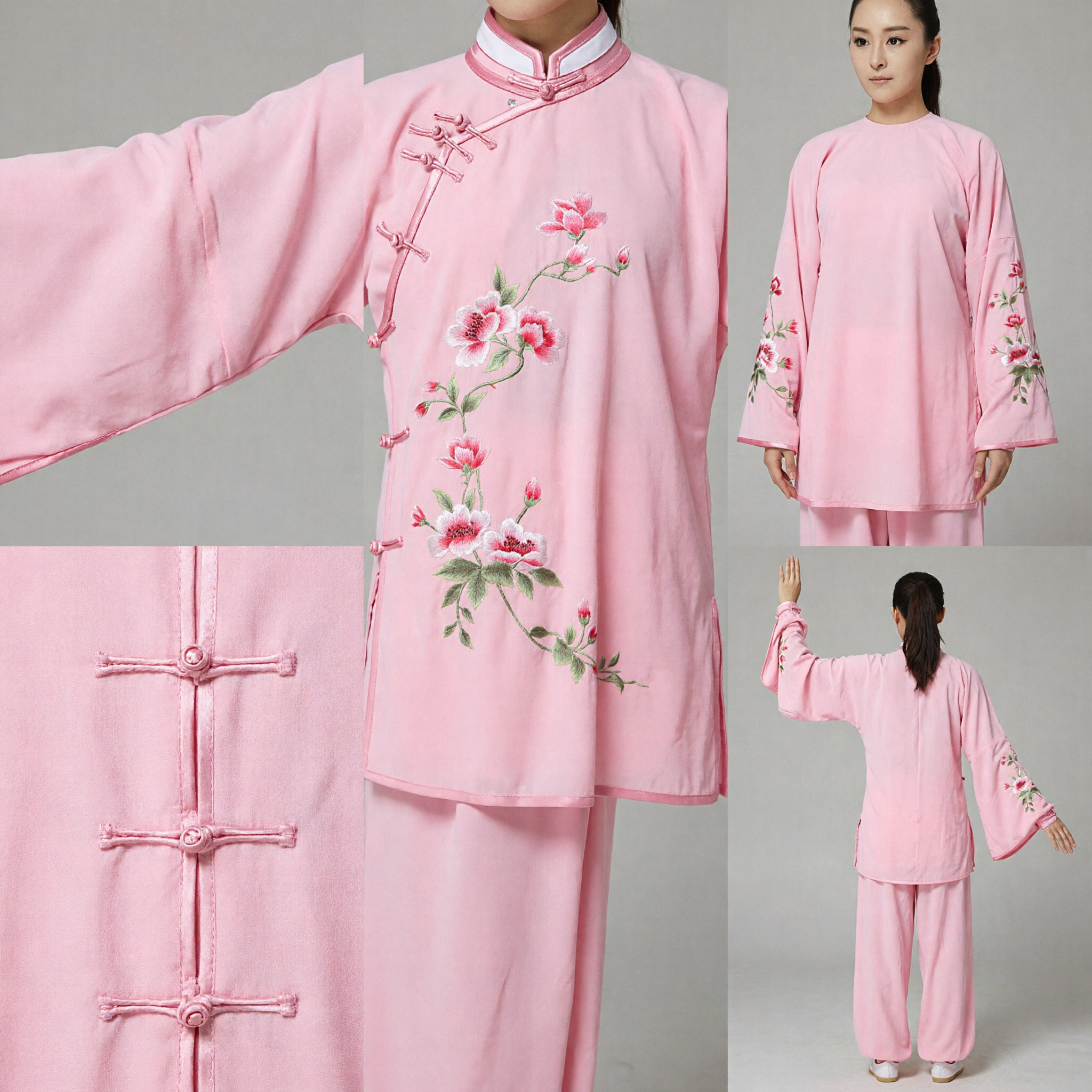 Women's Pink Traditional Chinese Tai Chi Kung Fu Uniform Floral Embroidery Martial Arts Practice Costume