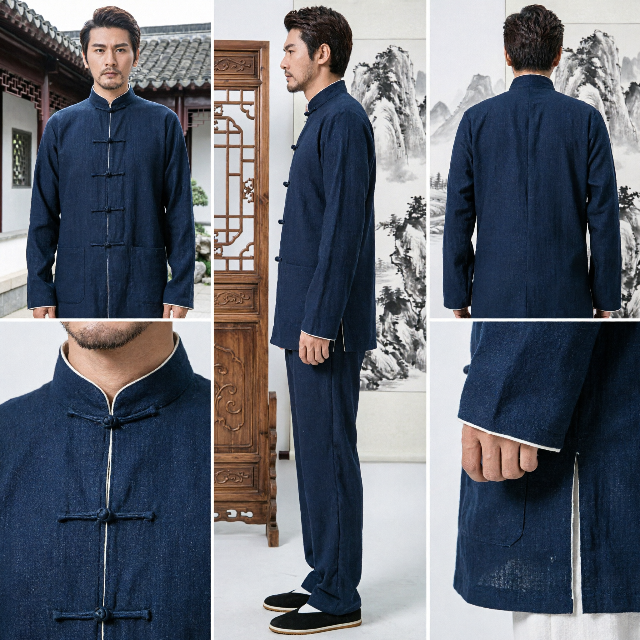 Men's Traditional Chinese Tang Suit Kung Fu Uniform Black Linen Tai Chi Clothing Set Mandarin Collar