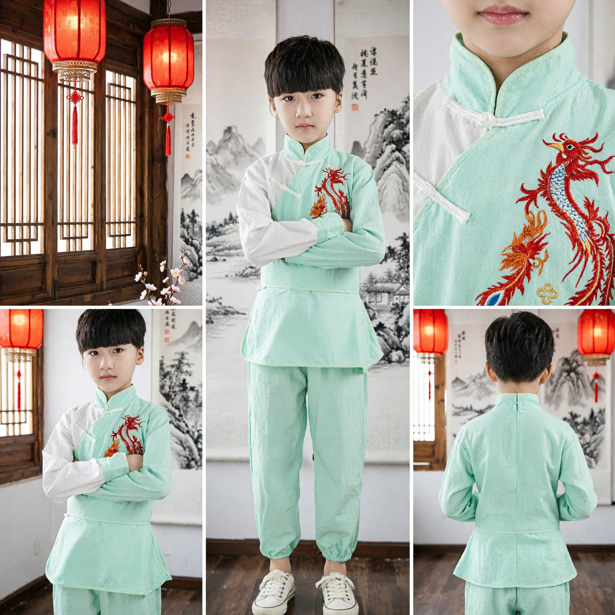 Girls Green Kung Fu Uniform Traditional Chinese Wushu Tai Chi Costume with Dragon Embroidery for Performance