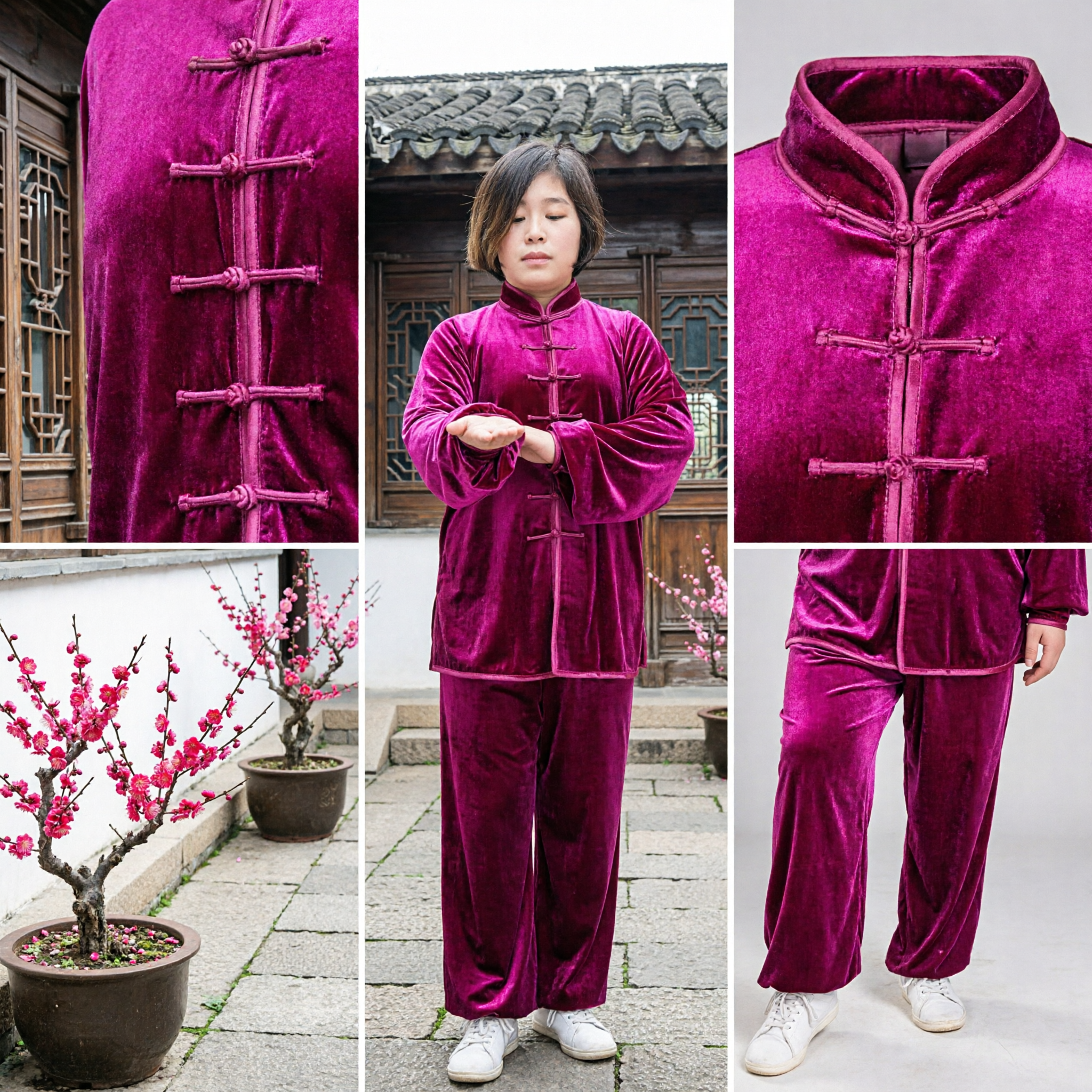 Women's Magenta Velvet Tai Chi Uniform Traditional Chinese Kung Fu Martial Arts Practice Suit Set