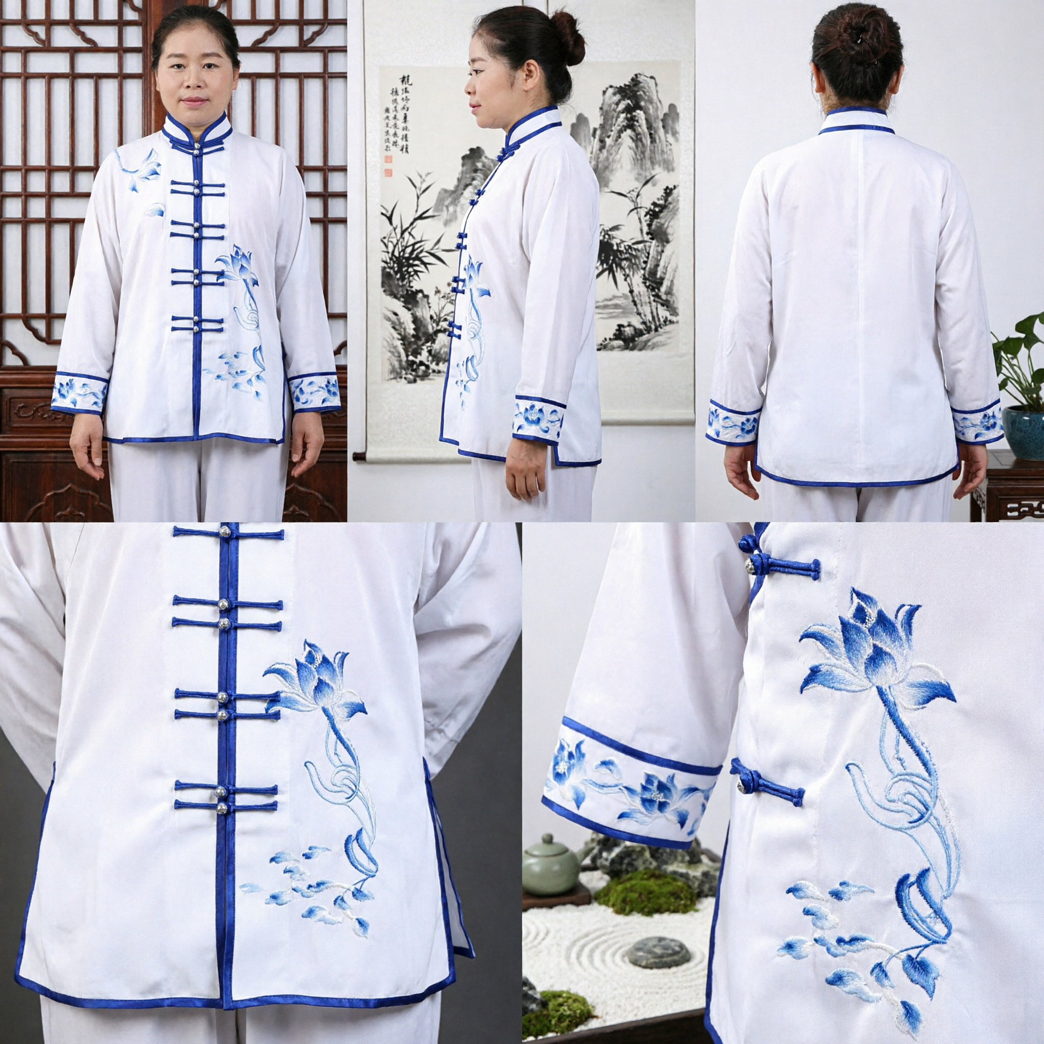 Women's Traditional Tai Chi Uniform White Silk Kung Fu Suit with Blue Floral Print for Martial Arts Performance