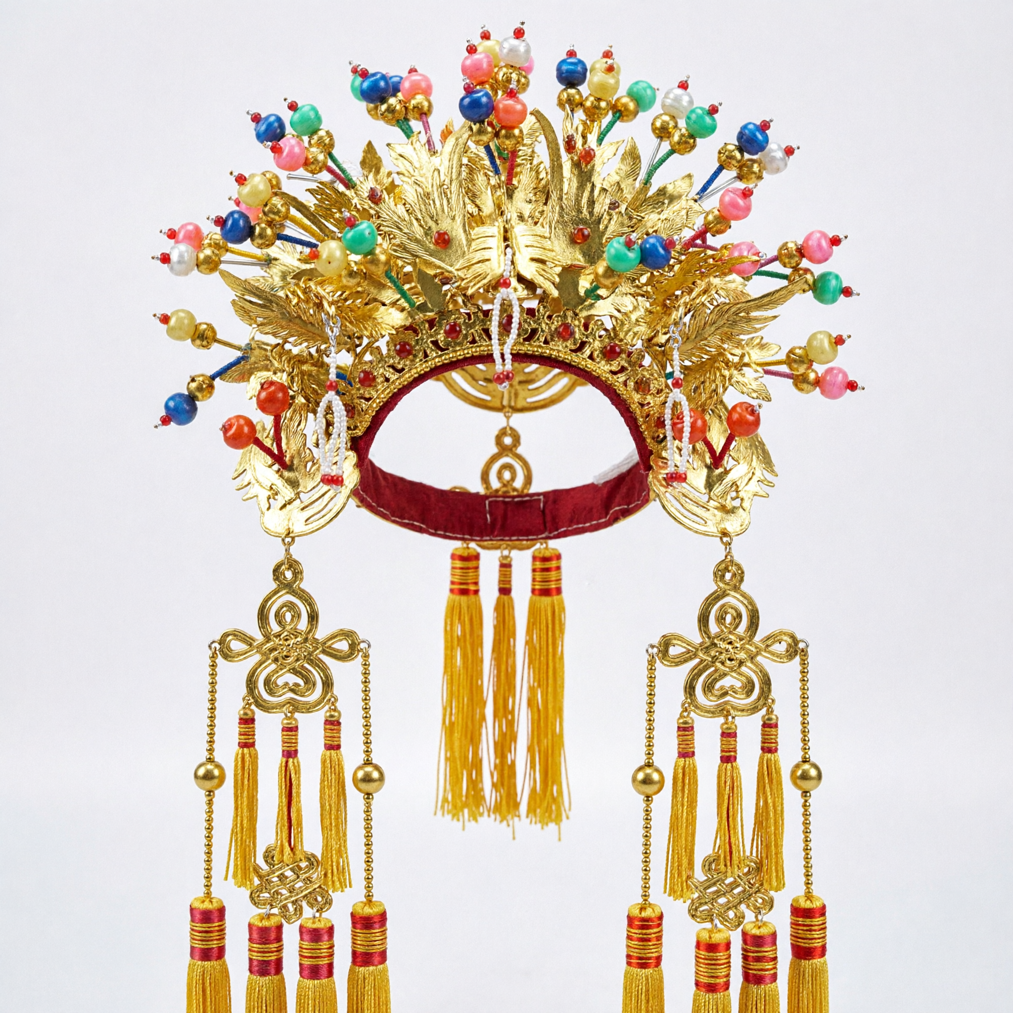 Traditional Chinese Phoenix Crown Gold Headdress with Colorful Beads and Long Tassels for Opera Wedding Costume
