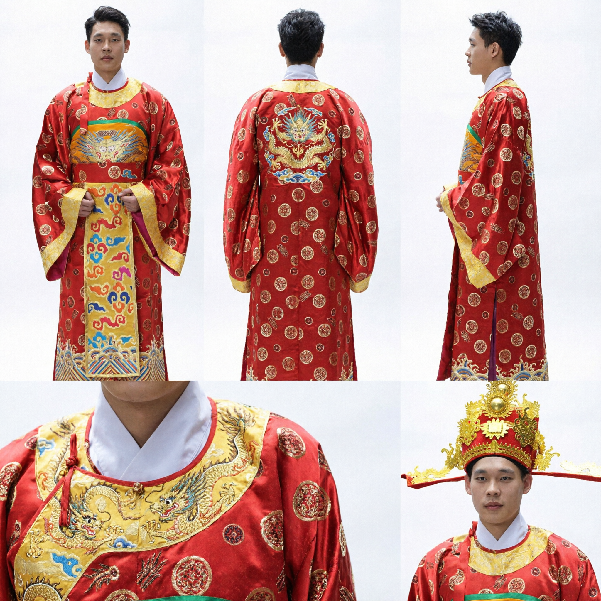 Traditional Chinese God of Wealth Caishen Costume for Men Red Embroidered Robe Hat and Gold Ingot Prop