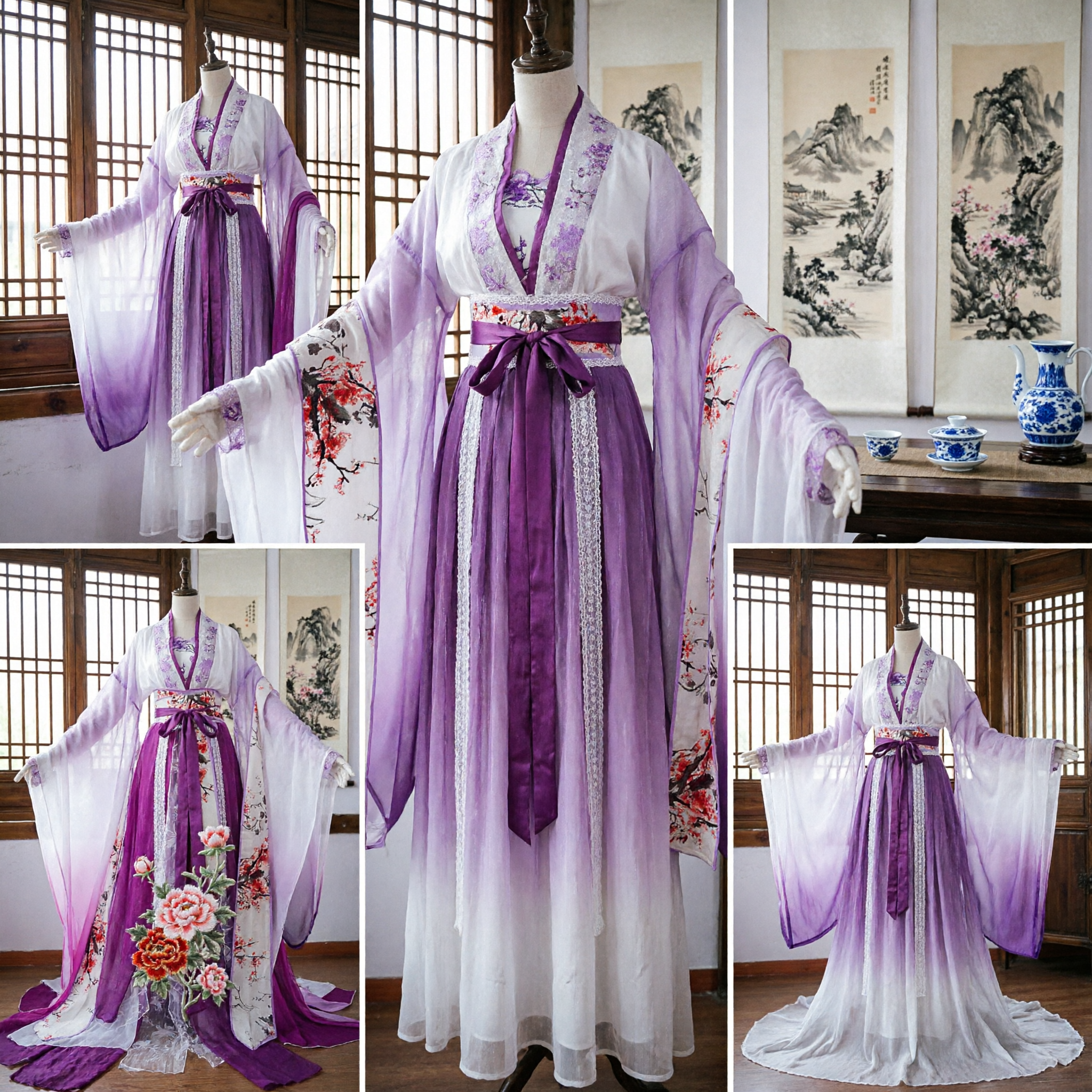Elegant Purple Floral Hanfu Traditional Chinese Costume Wide Sleeve Robe Ancient Dress for Women Performance