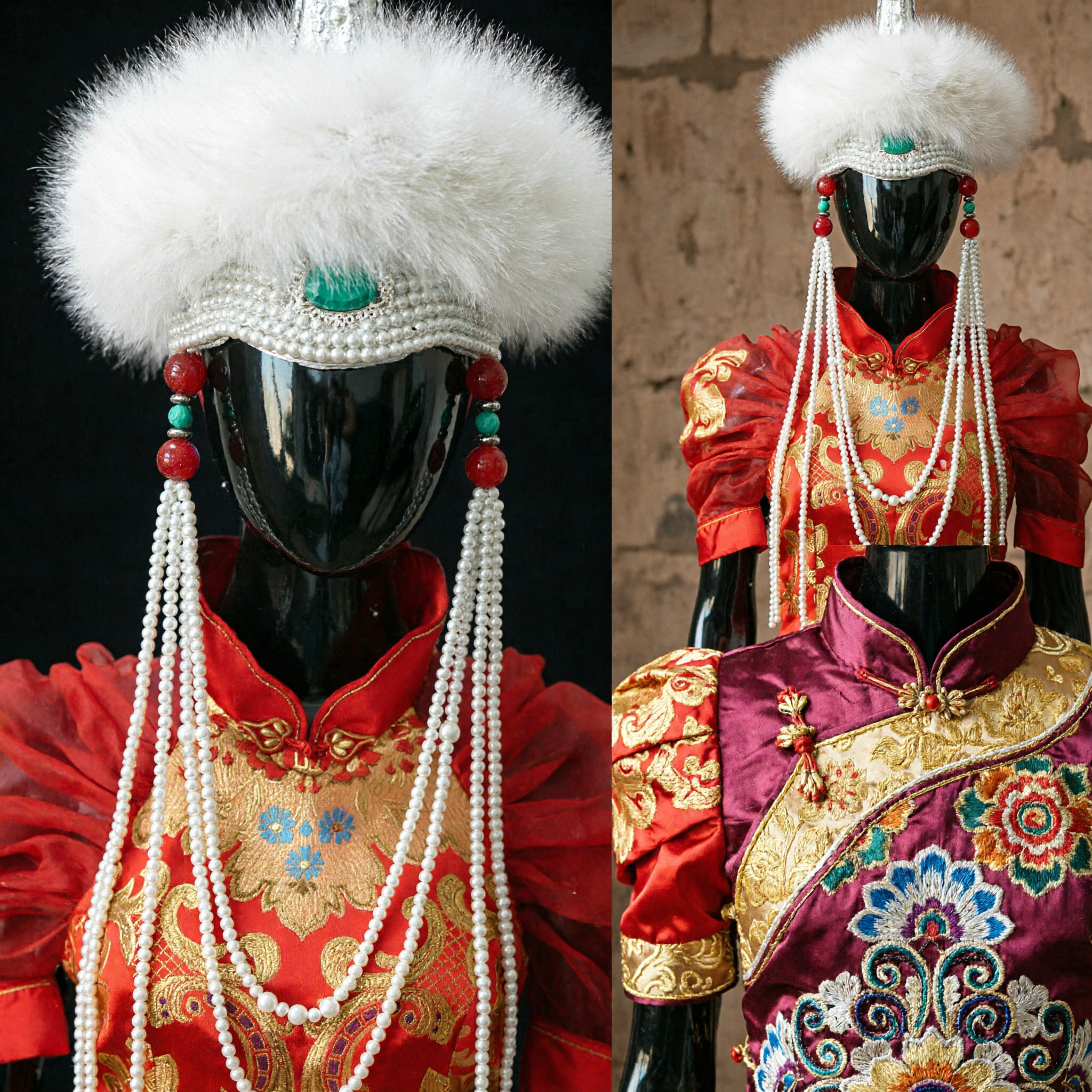 Traditional Mongolian White Fur Headdress with Pearl Beads and Tassels for Ethnic Wedding Ceremony Costume