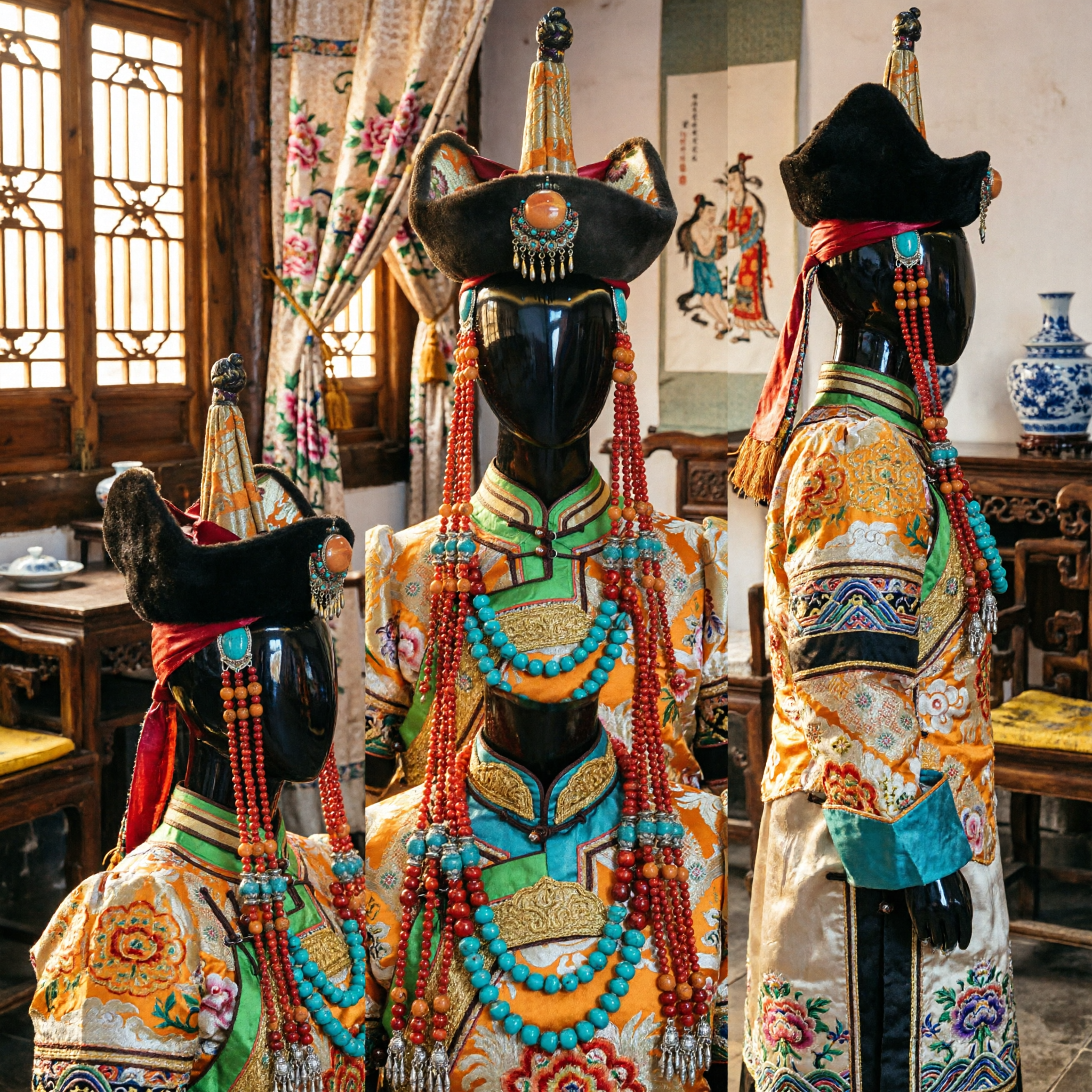 Traditional Mongolian Wedding Headdress with Coral Beads and Turquoise Jewelry Set for Women Ethnic Costume