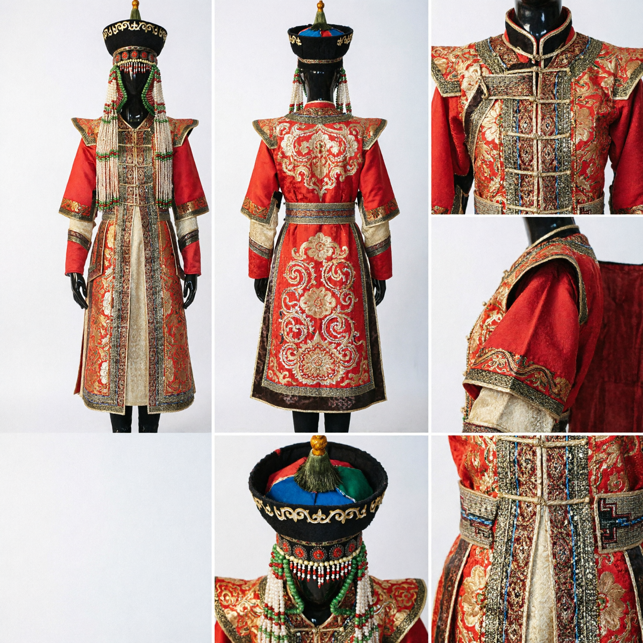 Traditional Mongolian Ethnic Minority Noblewoman Costume Red Embroidered Robe with Beaded Headdress for Women