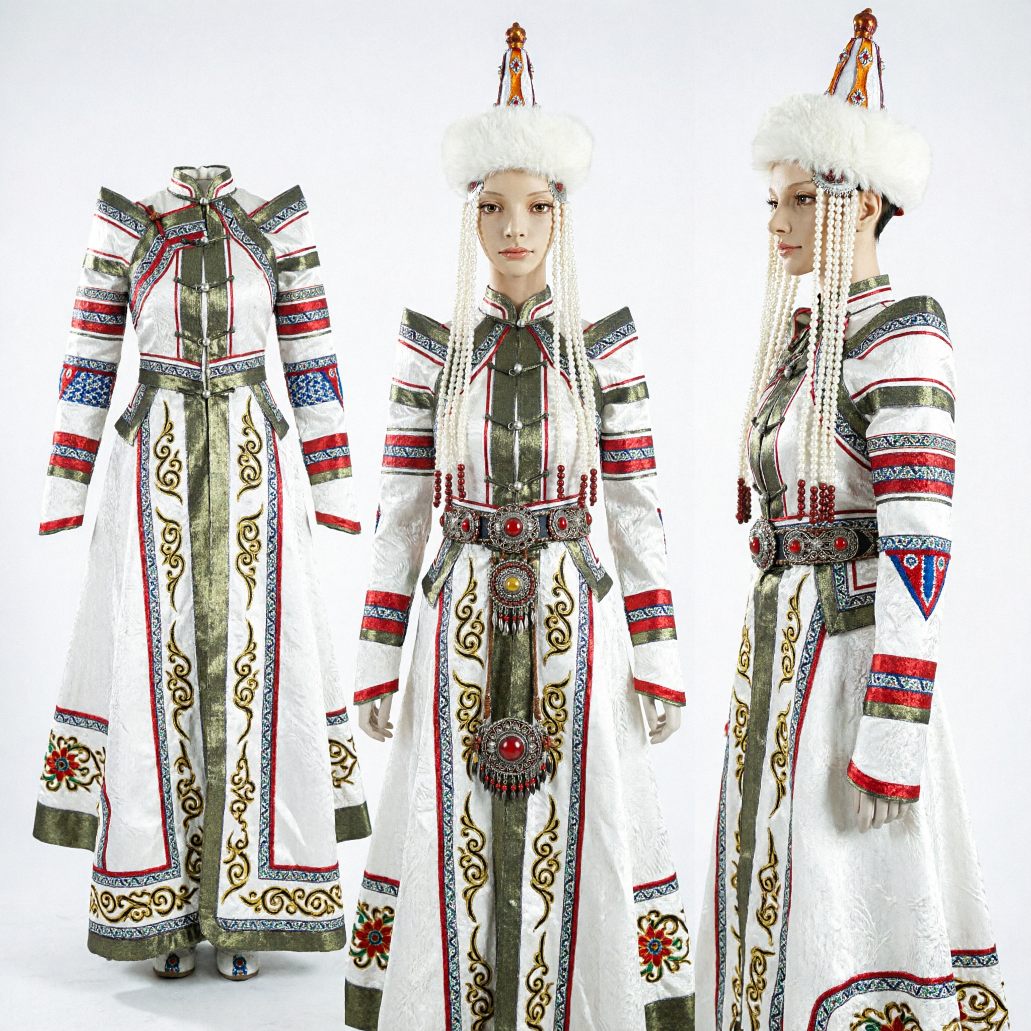 Traditional Mongolian White Wedding Robe for Women with Fur Hat and Beaded Headdress Ethnic Costume