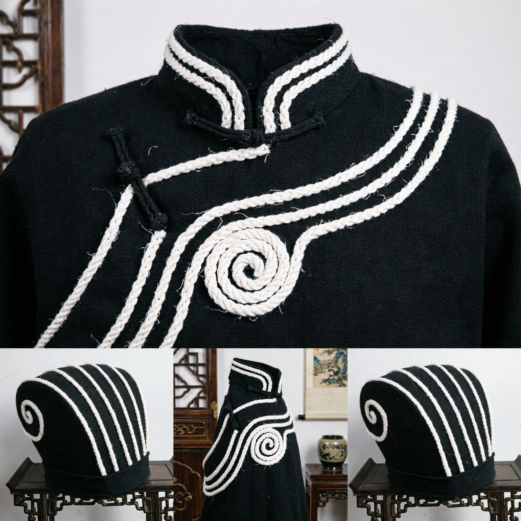 Traditional Chinese Black Opera Headwear with White Rope Spiral Design for Men's Ancient Costume Performance