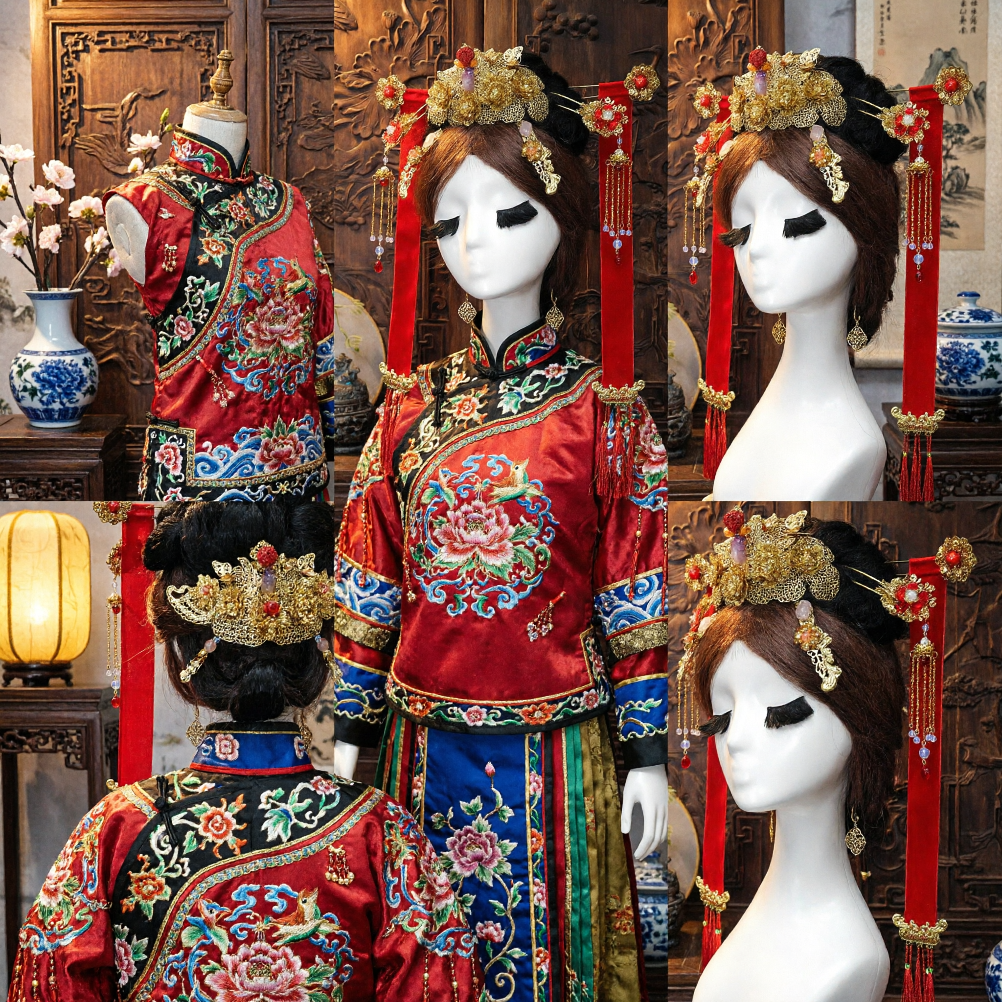 Exquisite Ancient Chinese Hanfu Hair Accessories Gold Crown with Red Ribbons Traditional Palace Style Headpiece for Women Wedding Cosplay