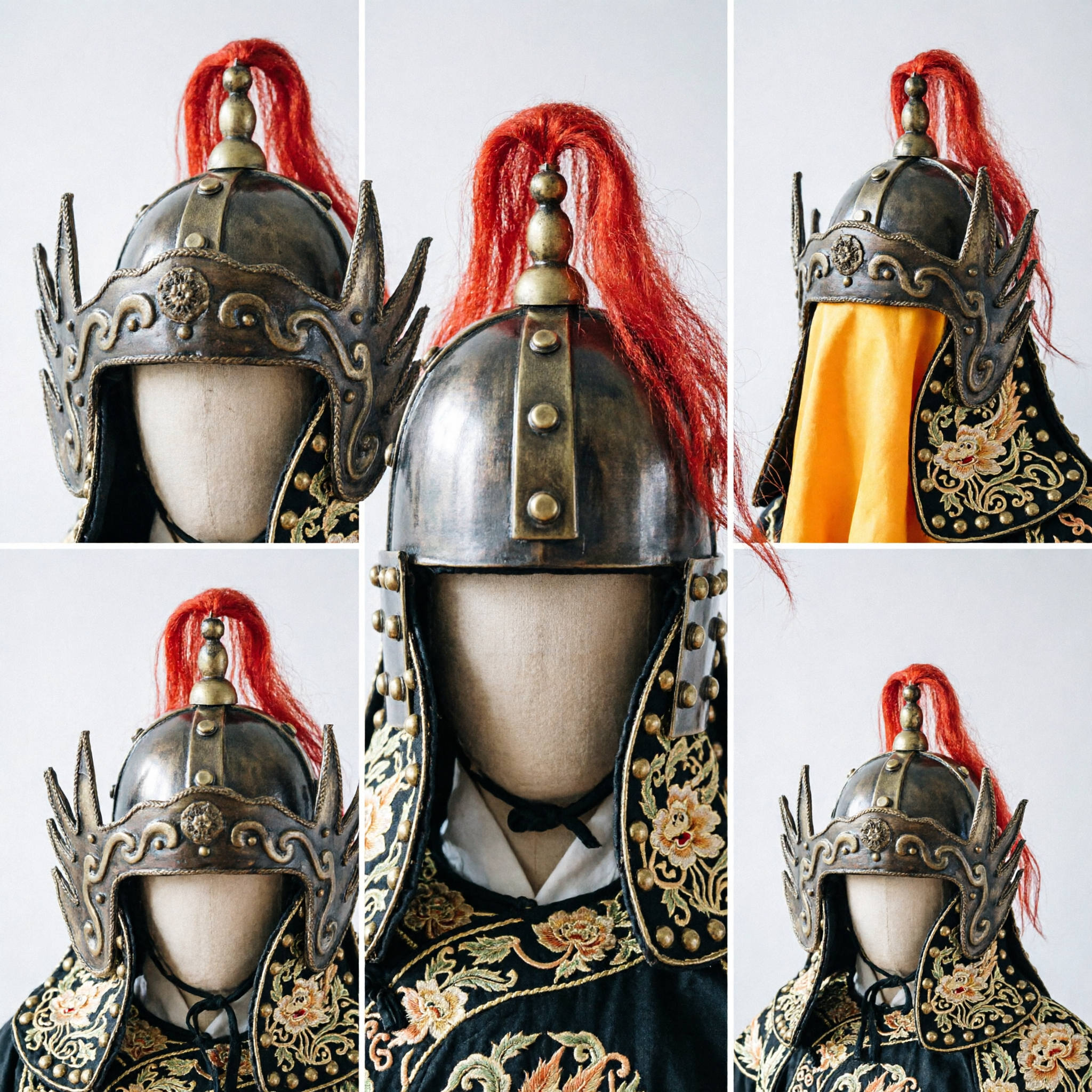 Traditional Chinese General Warrior Helmet Black Leather Headgear with Red Plume for Beijing Opera Cosplay Performance