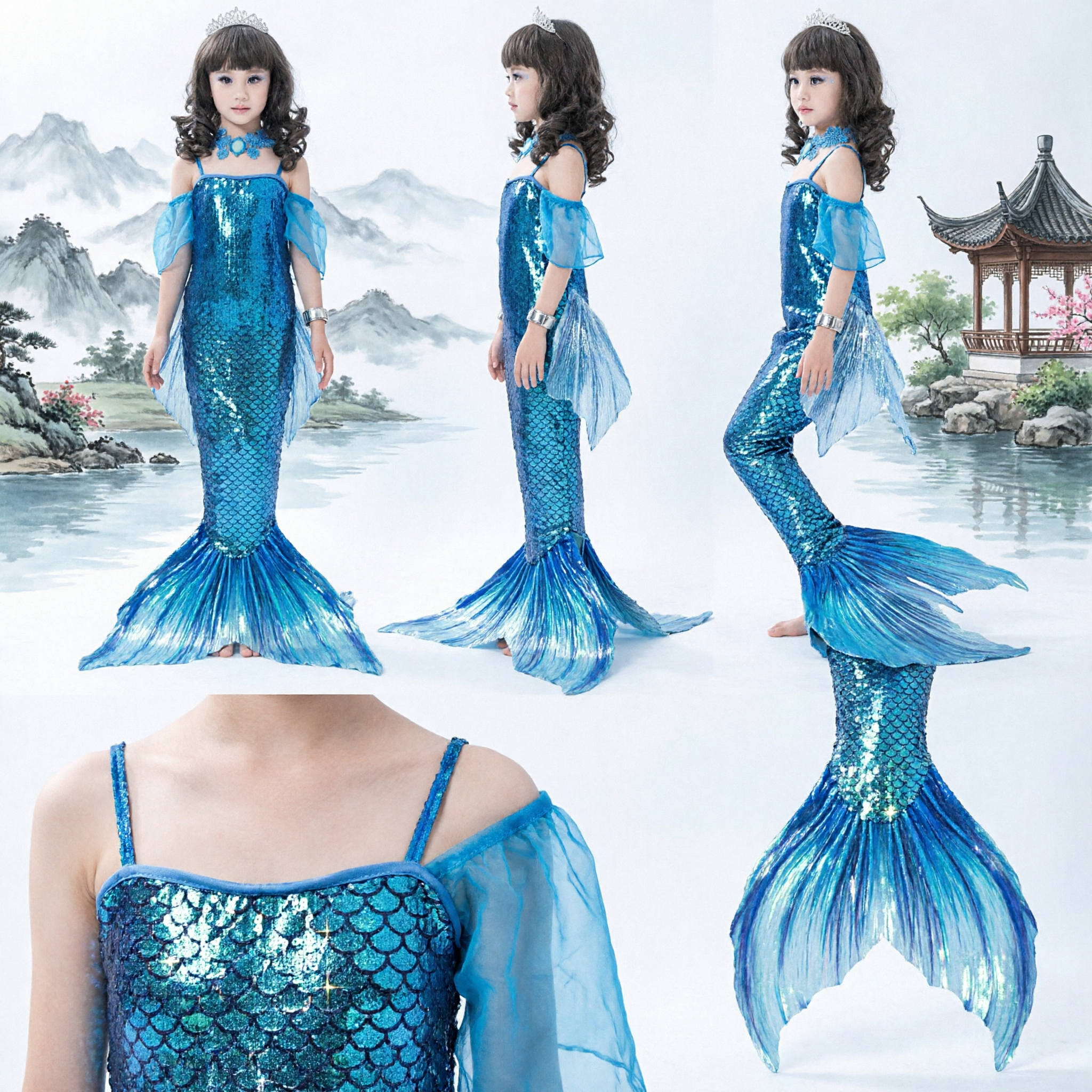 Girls Blue Mermaid Princess Costume with Tail for Kids Fantasy Dress Up Halloween Party Performance