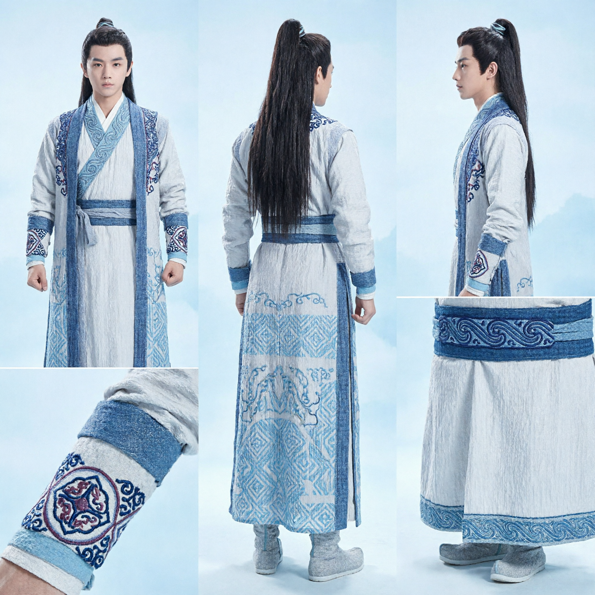Traditional Chinese Hanfu Costume Ancient Swordsman Wuxia Kung Fu Outfit Blue White Robe for Men Cosplay
