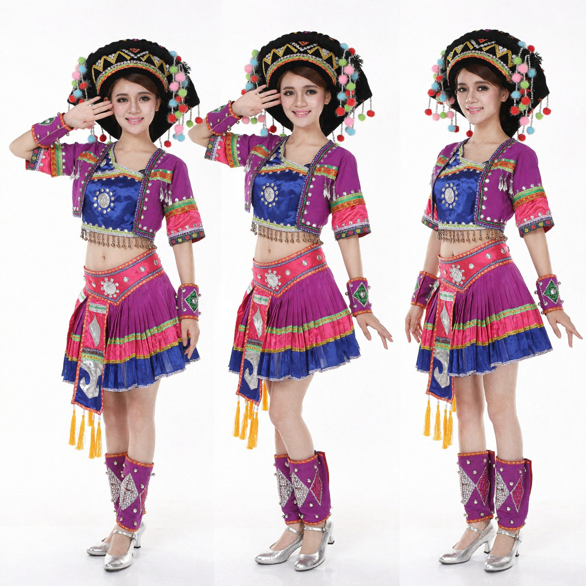 Chinese Ethnic Miao Dance Costume Purple Folk Dress for Women Stage Performance with Headpiece and Leg Wraps