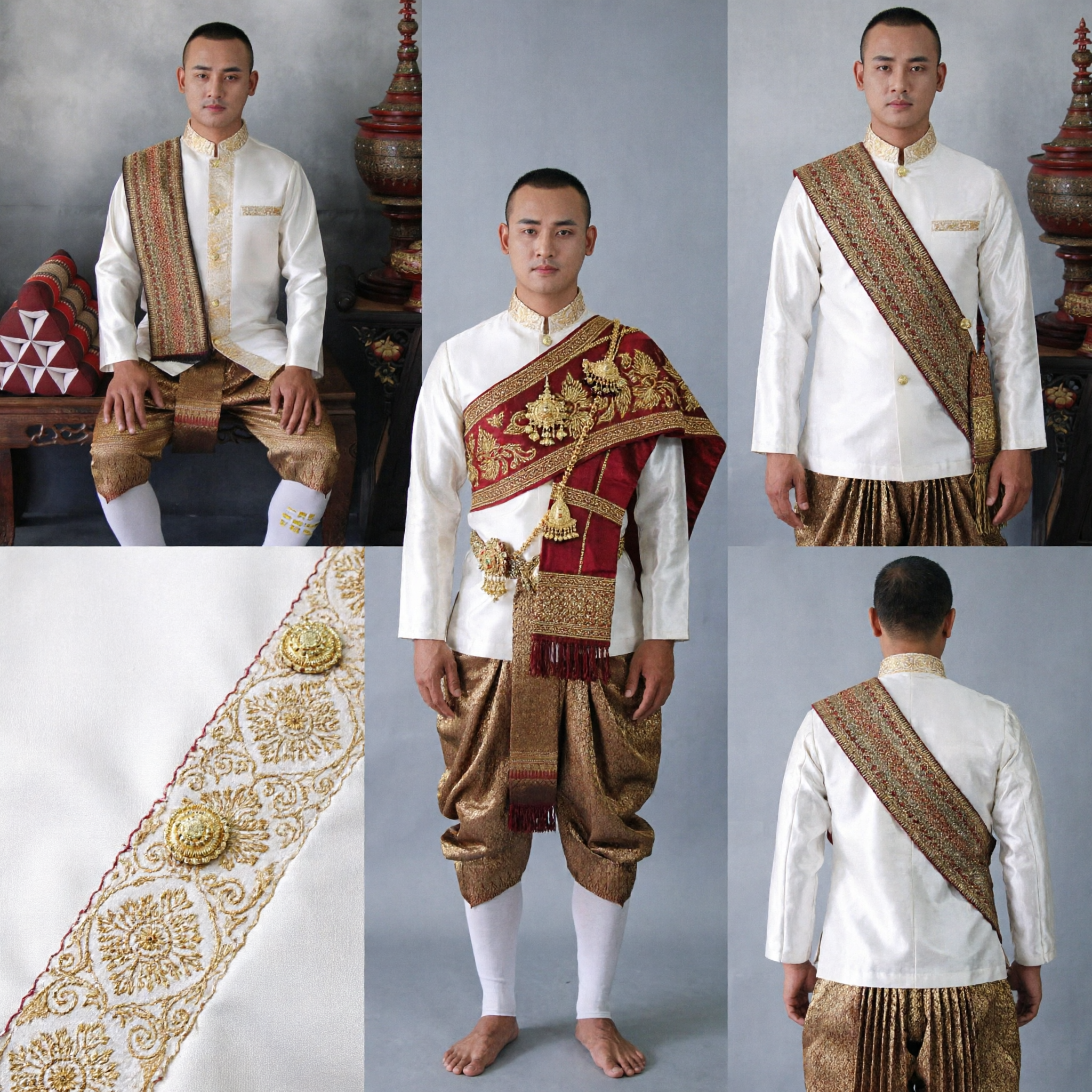 Men's Thai Traditional Wedding Costume Gold Embroidery Jacket Pants and Sash Set for Groom