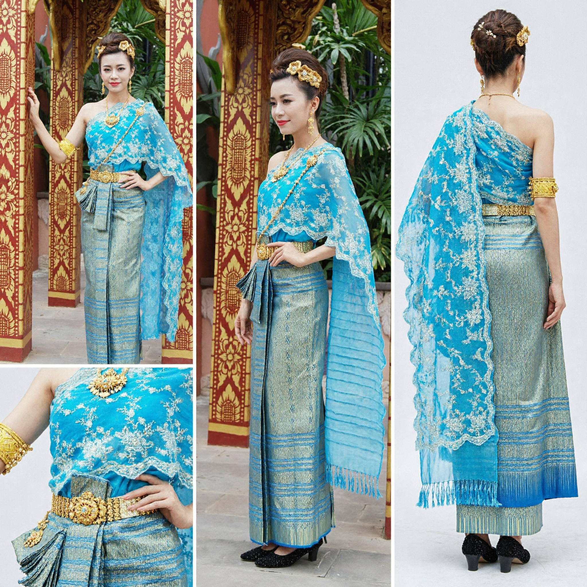 Elegant Thai Traditional Blue Lace Sabai Shawl and Gold Brocade Sinh Skirt Set for Women Cultural Events