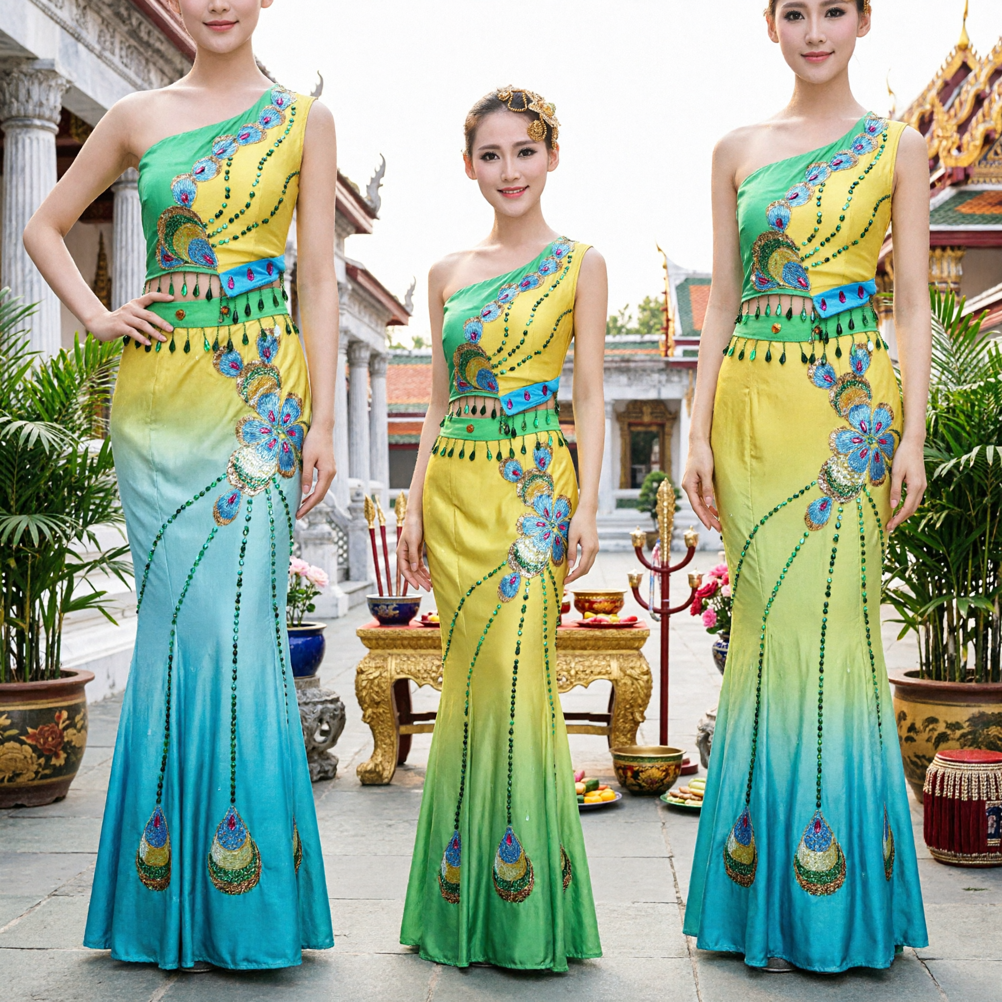 Traditional Chinese Dai Ethnic Peacock Dance Costume Yellow Green Gradient Stage Performance Dress for Women