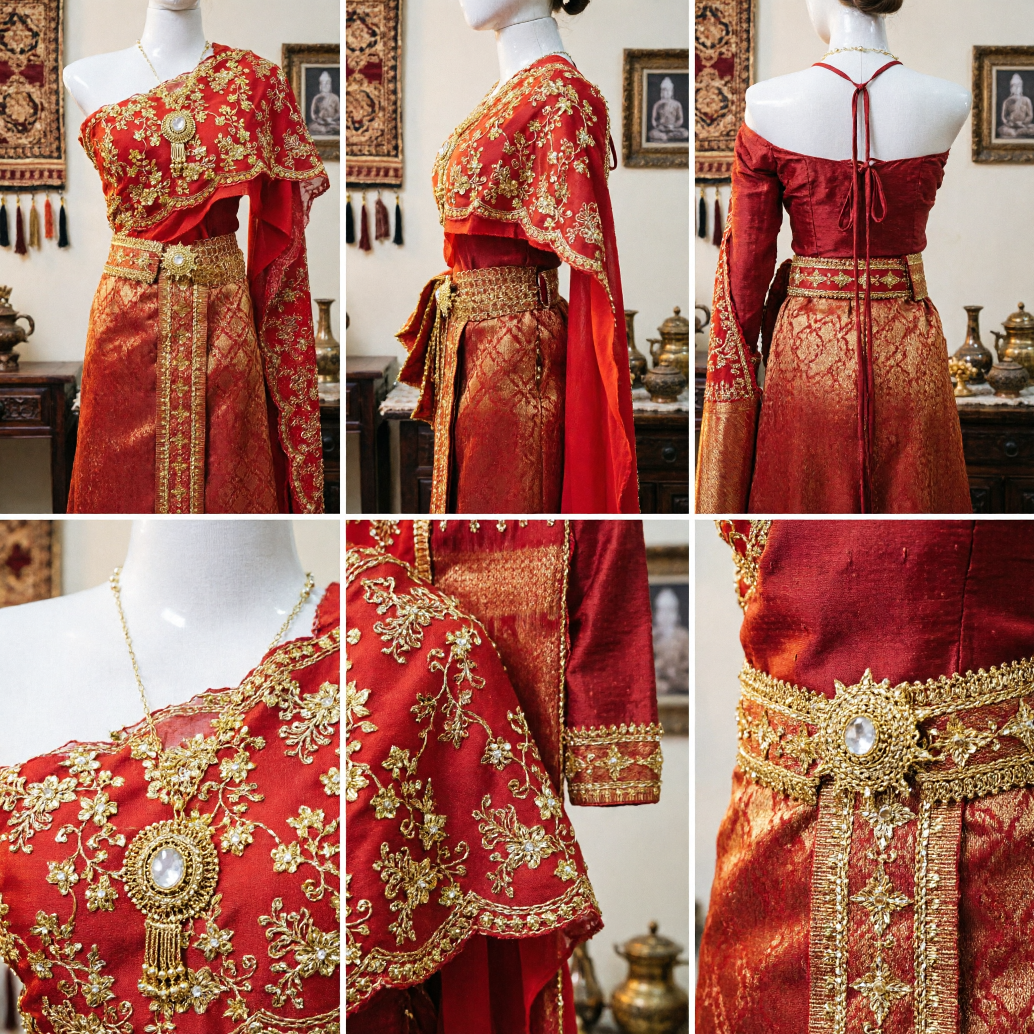 Exquisite Red Thai Traditional Wedding Costume with Gold Brocade Sabai and Sinh for Bridal Ceremonies