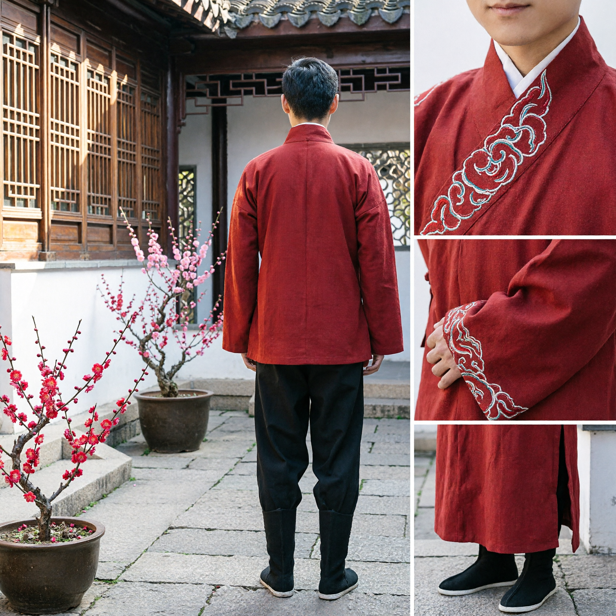 Traditional Chinese Men's Hanfu Red Embroidered Robe Ancient Kung Fu Costume for Stage Performance