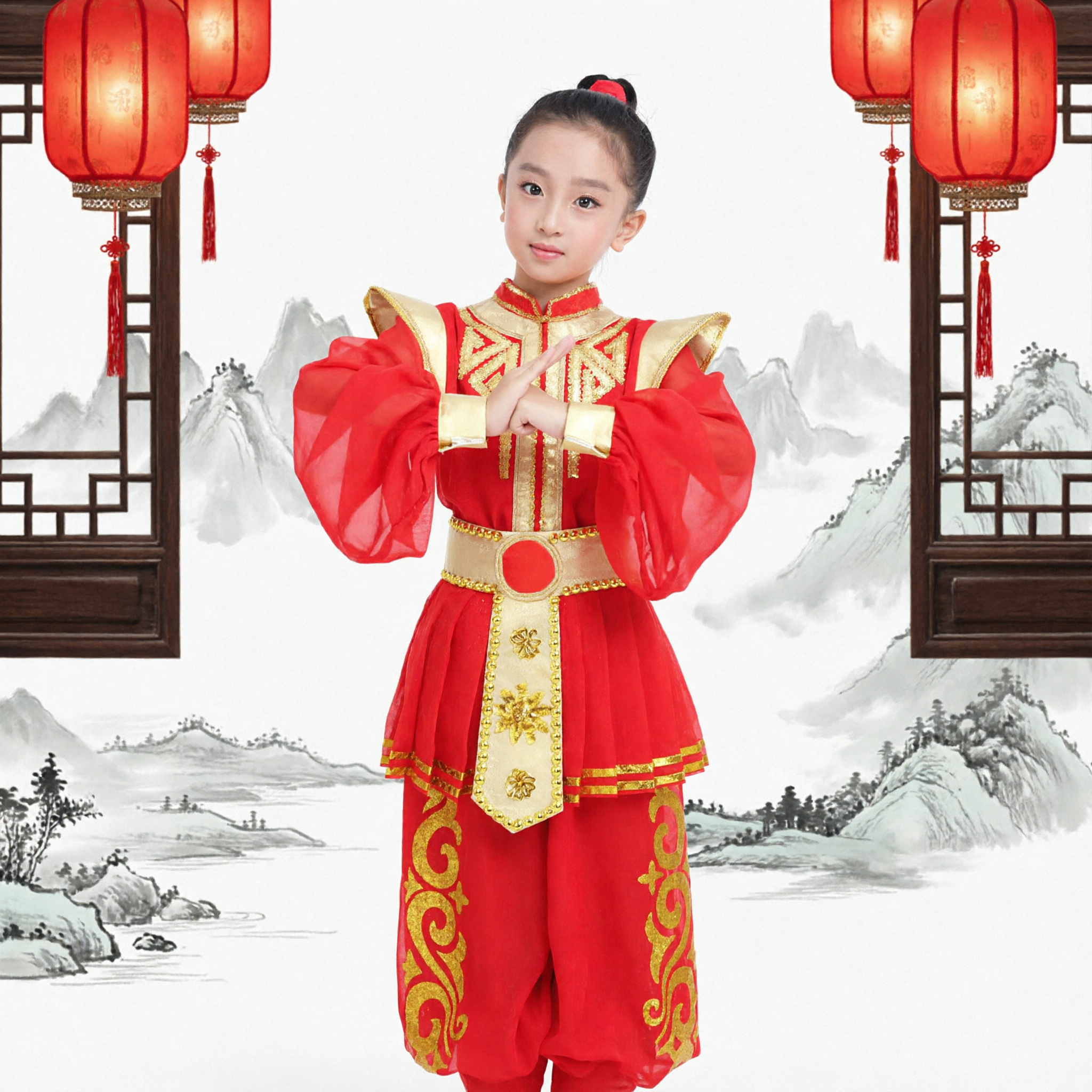 Kids Traditional Chinese Martial Arts Costume Red Gold Warrior General Outfit for Stage Dance Performance