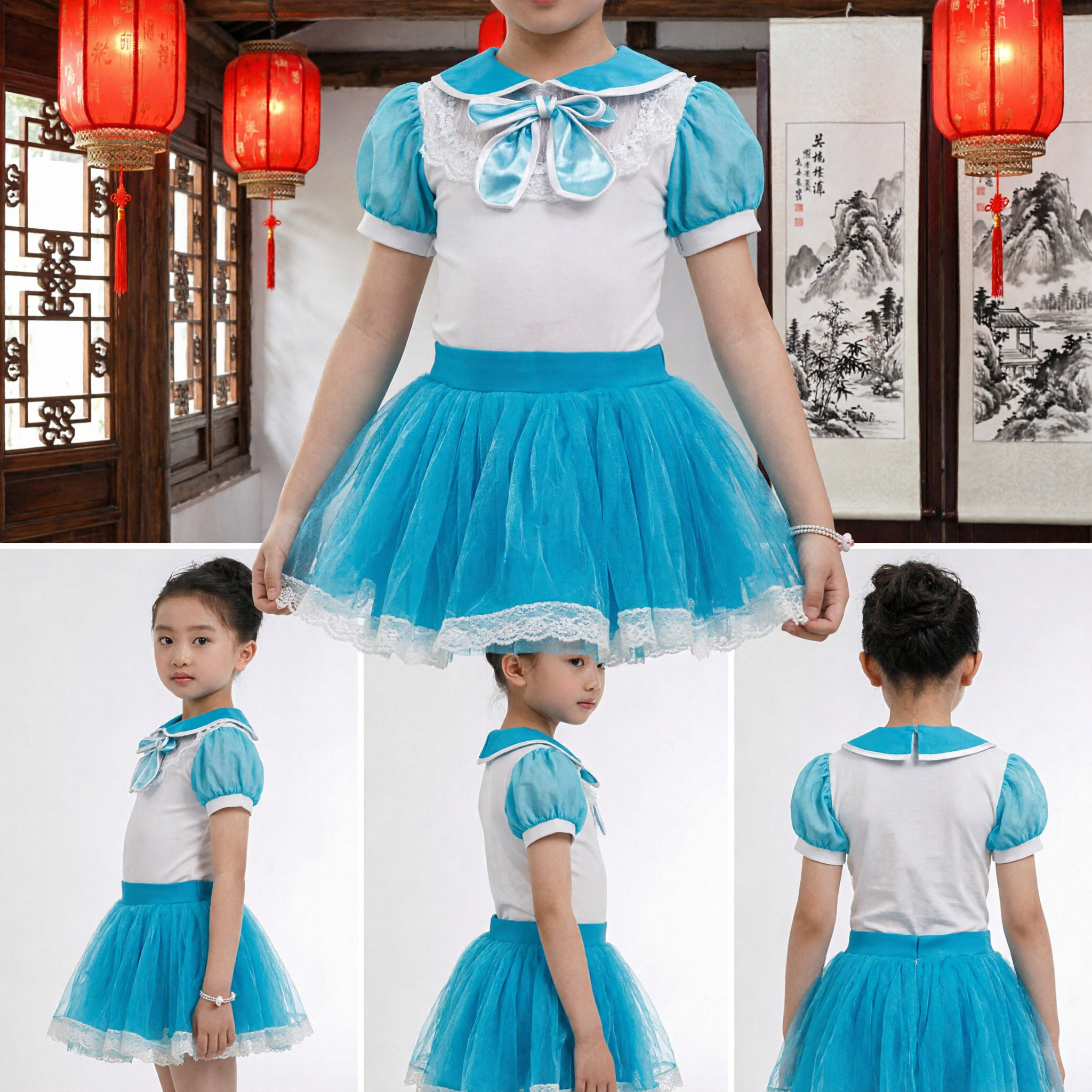 Girls Blue and White Sailor Style Dance Costume with Sequin Bow and Tulle Skirt for Performances