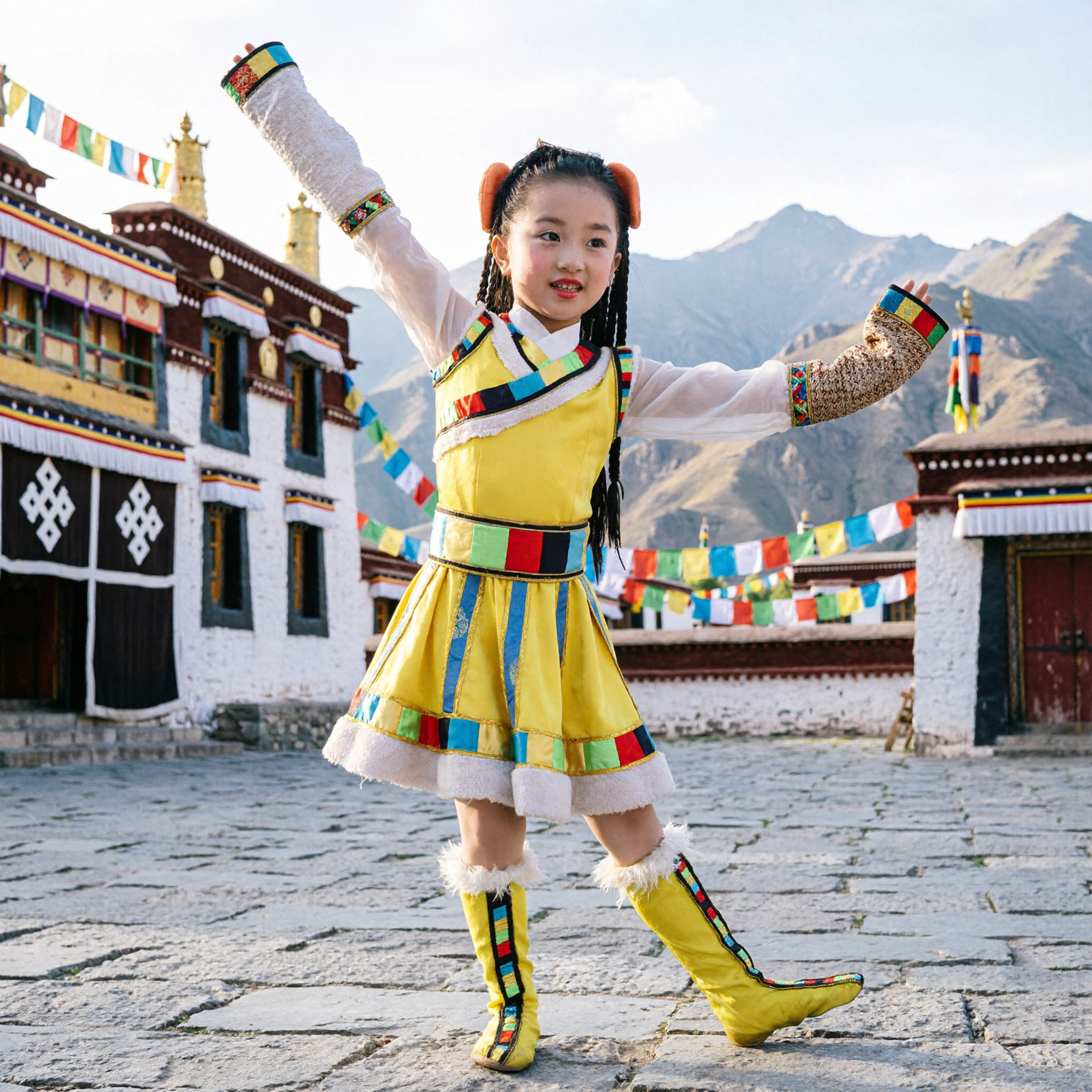 Girls Traditional Tibetan Yellow Dance Costume Ethnic Stage Performance Outfit with Matching Boots and Trim