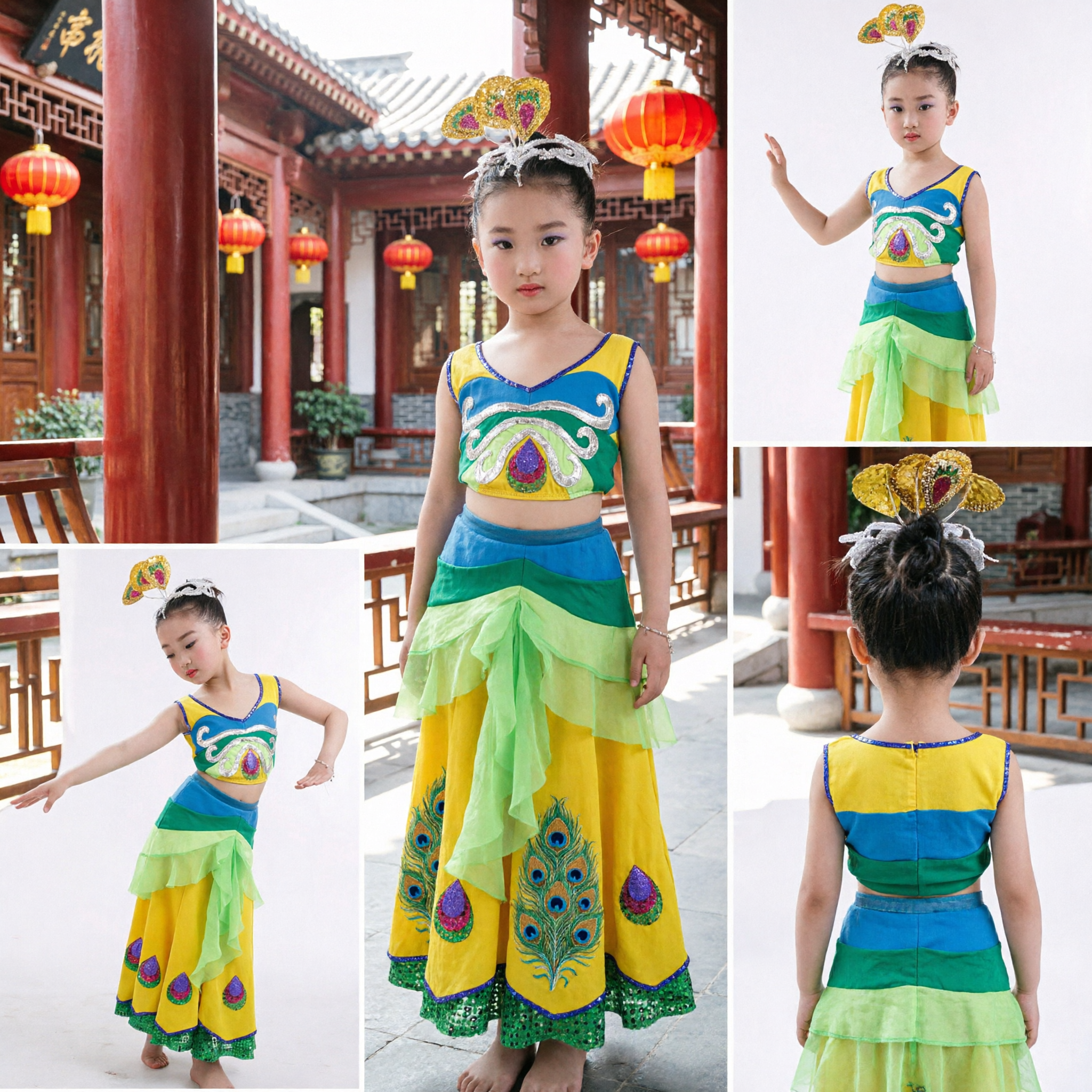 Traditional Chinese Dai Peacock Dance Costume for Girls Kids Stage Performance Outfit Yellow Green