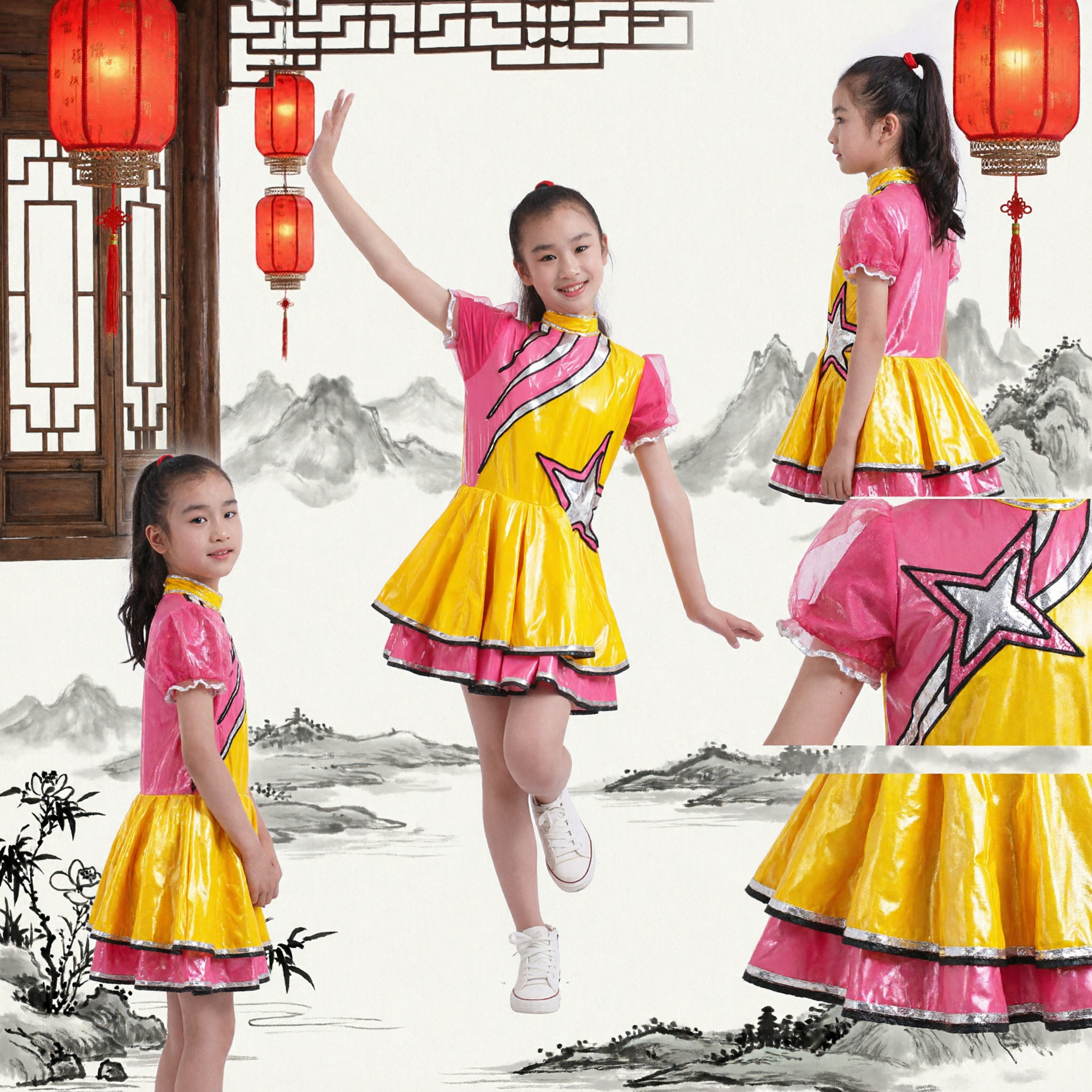 Kids Girls Yellow and Pink Star Modern Dance Costume for Stage Performance and Competitions