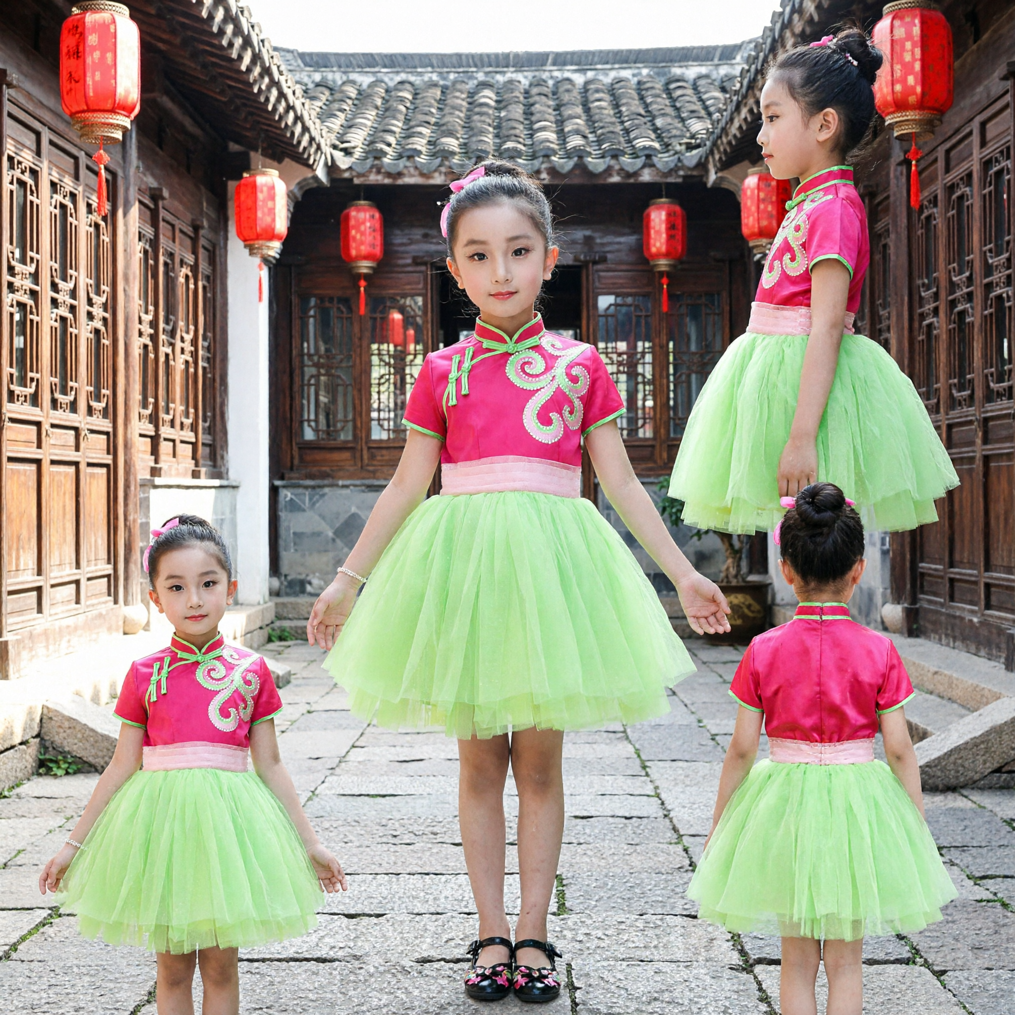 Kids Traditional Chinese Dance Costume Girls Pink Cheongsam Top Green Tutu Skirt Fan Dance Performance Dress