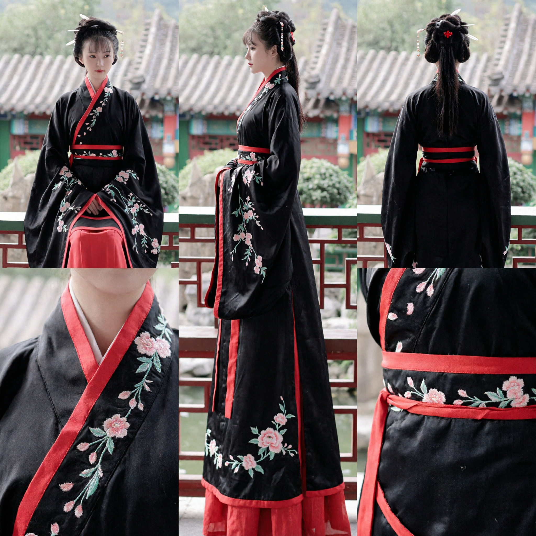 Traditional Chinese Hanfu Costume for Women Black Floral Embroidery Ancient Clothing for Photography and Cosplay