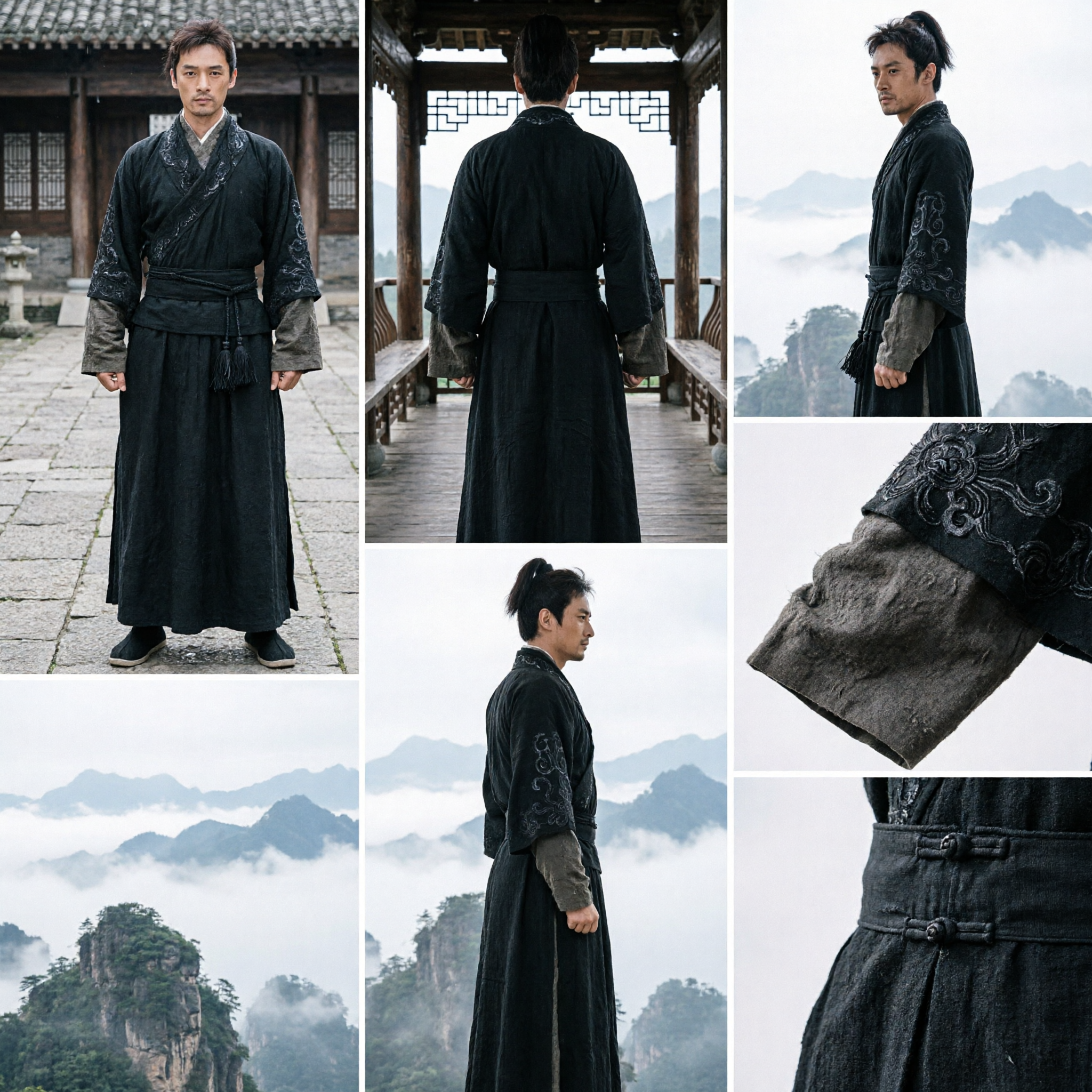 Men's Ancient Chinese Wuxia Costume Black Knight Hanfu Robe Traditional Martial Arts Clothing for Cosplay