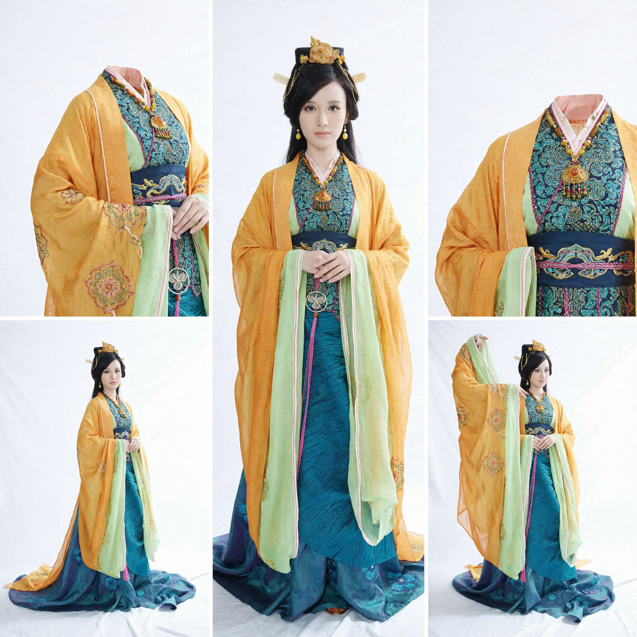 Ancient Chinese Hanfu Costume Traditional Yellow Robe and Blue Skirt Dress for Women Cosplay