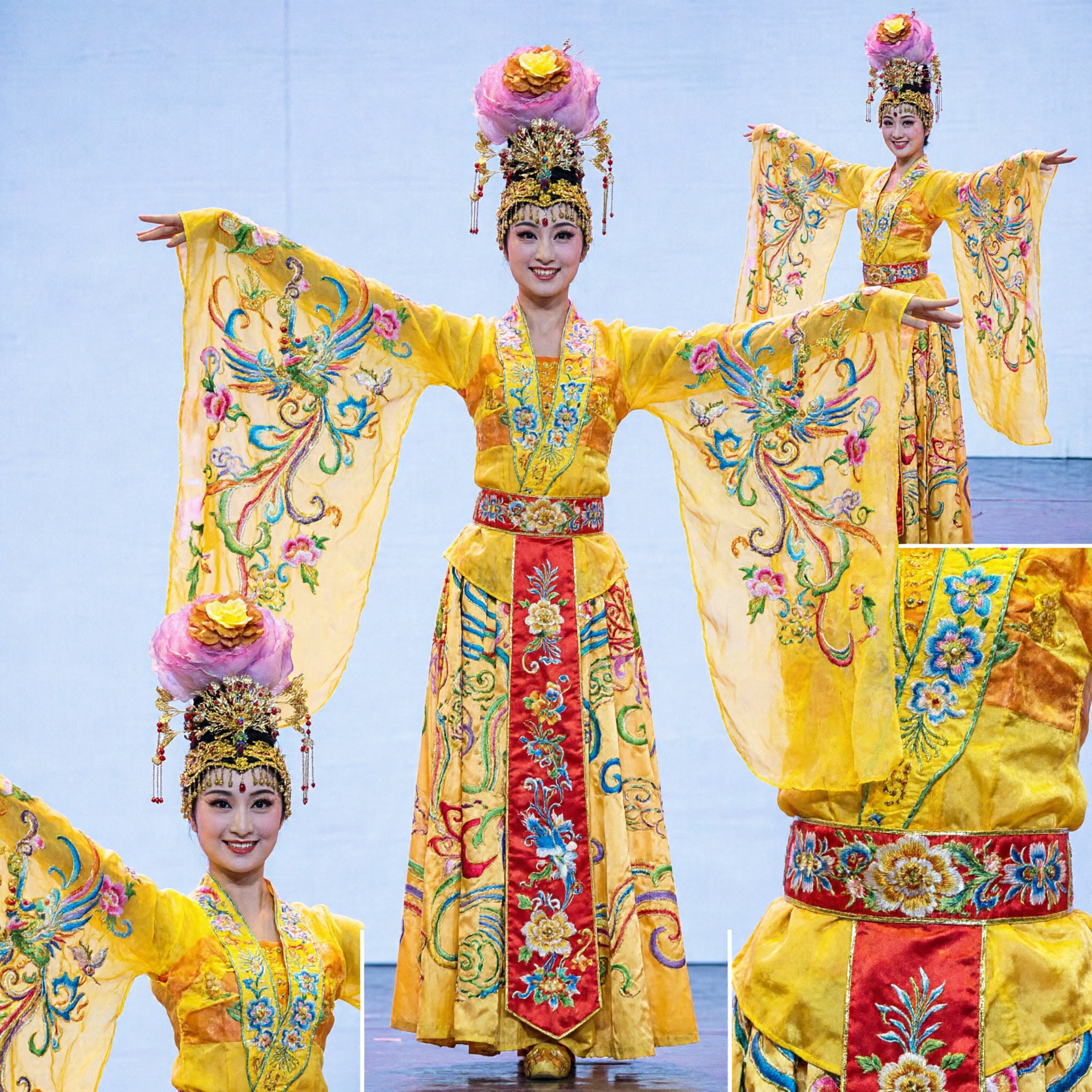 Traditional Chinese Classical Dance Costume Yellow Phoenix Embroidery Water Sleeves Dress and Headdress for Women Stage Performance