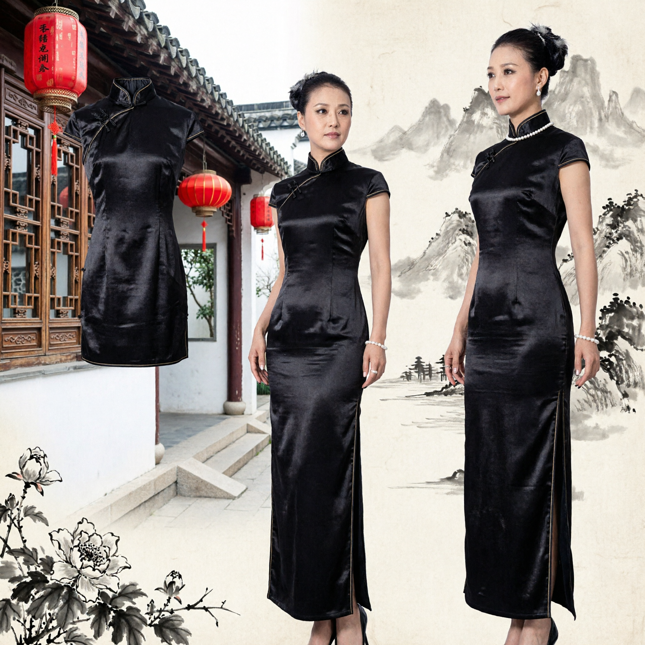 Elegant Black Qipao Evening Gown with Ruffle Sleeves and Keyhole Neckline for Women Formal Wear