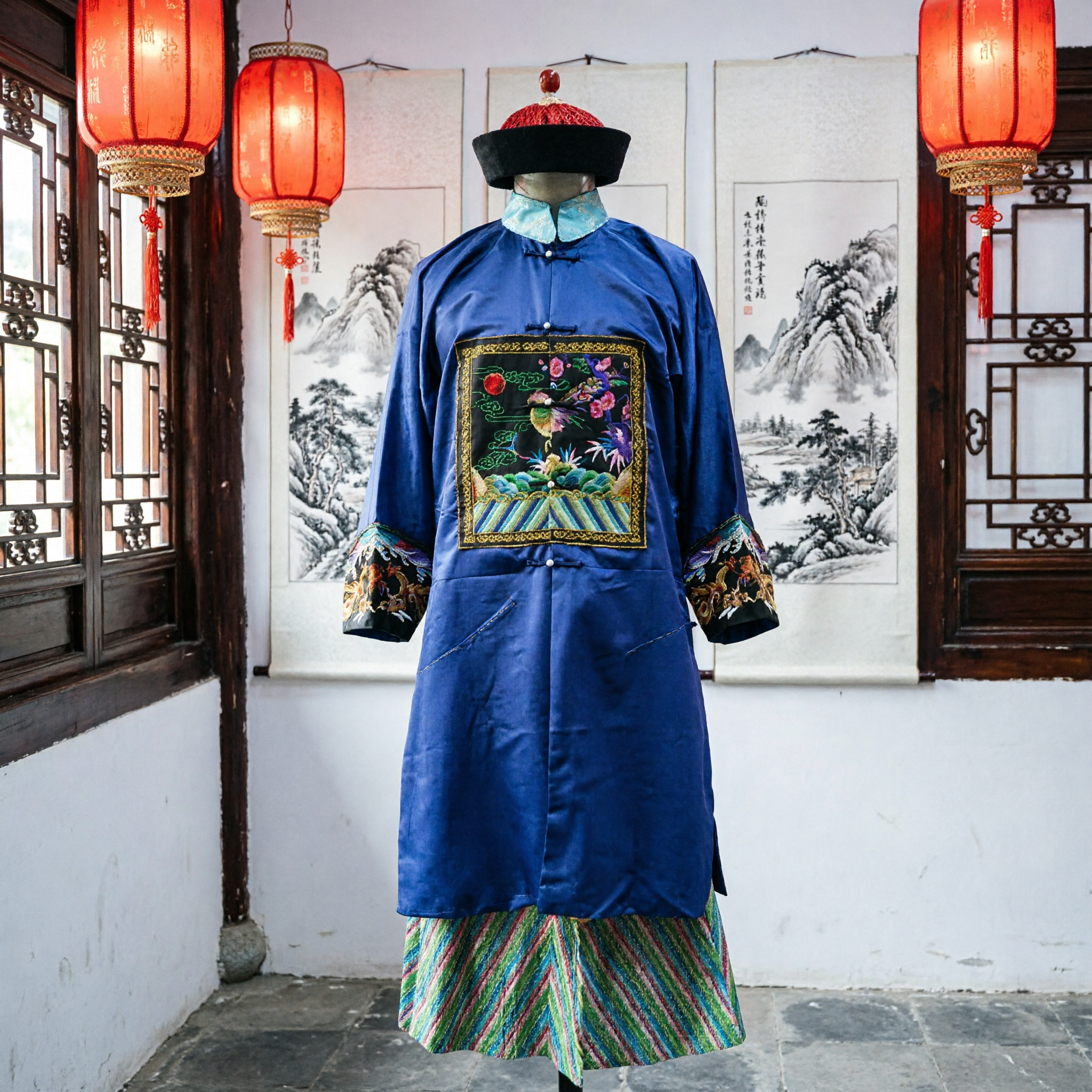 Traditional Qing Dynasty Civil Official Blue Robe with Crane Mandarin Square Historical Costume for Men