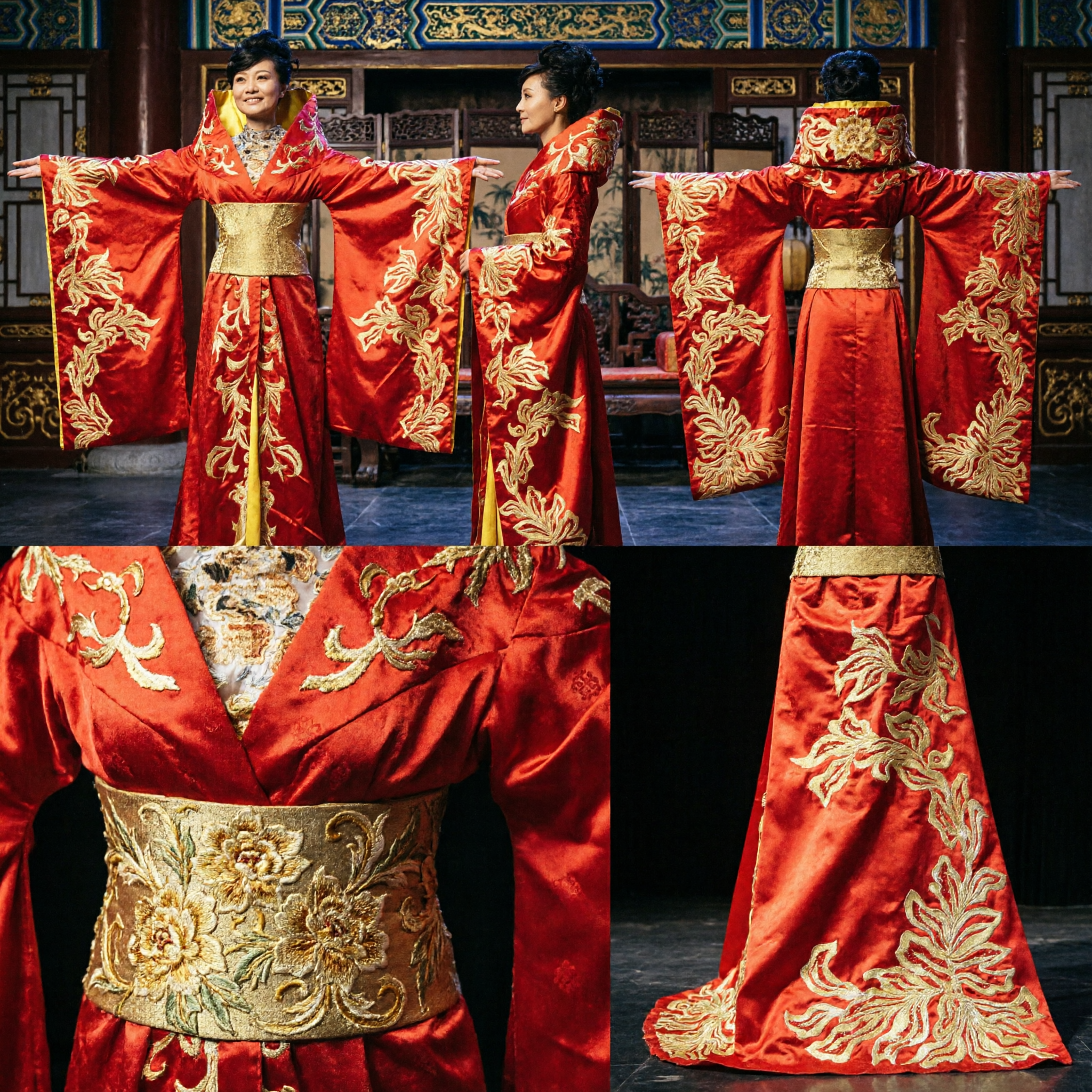 Traditional Chinese Red Stage Costume with Gold Embroidery for Folk Singing and Dance Performance