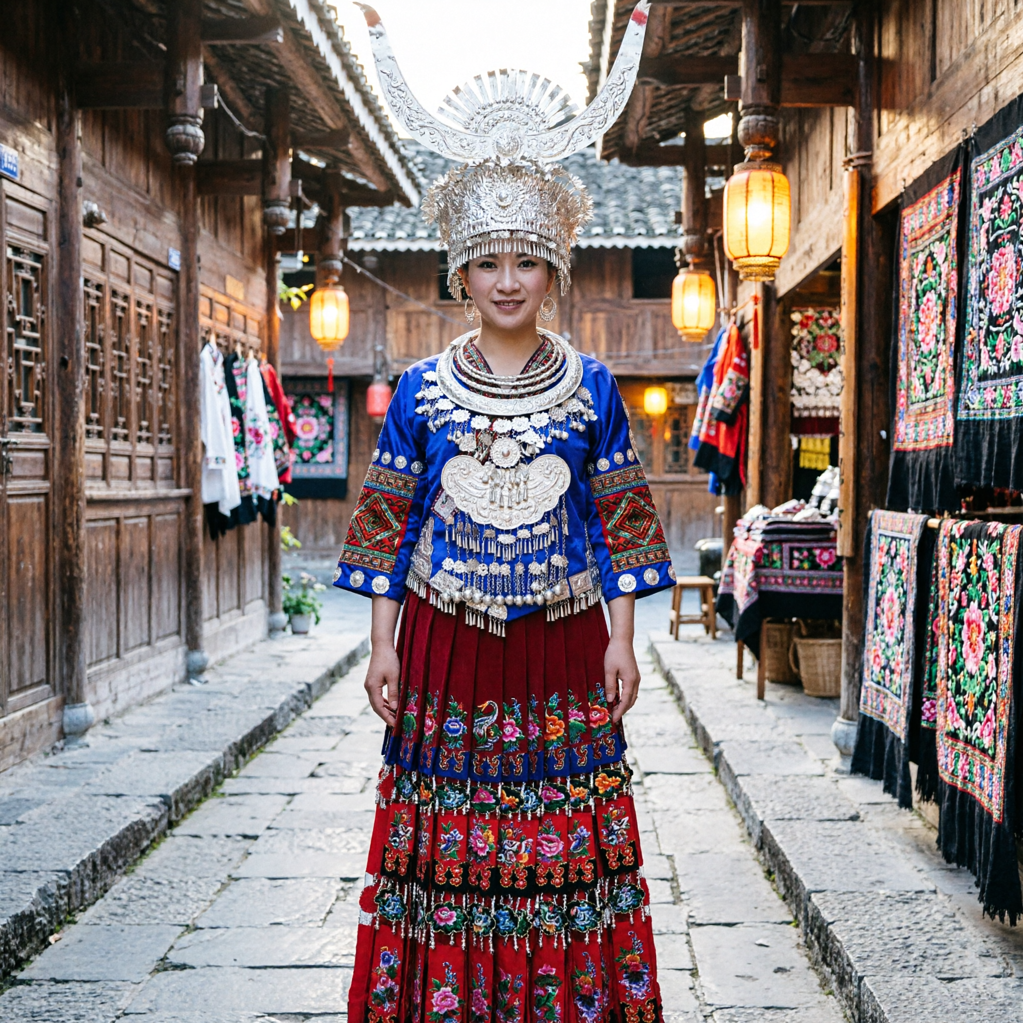 Traditional Chinese Miao Ethnic Costume Women Blue Embroidered Top Red Skirt Silver Headdress Folk Dance Dress