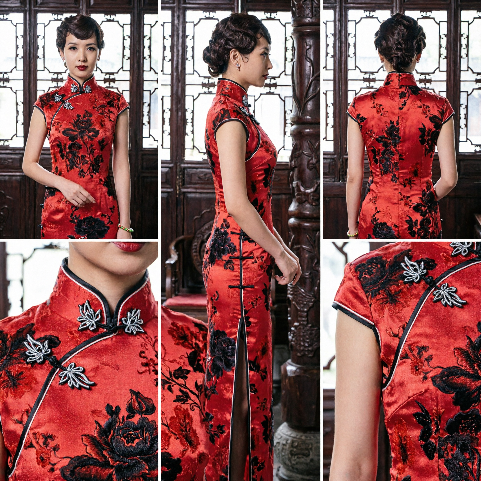Traditional Red Black Floral Silk Qipao Chinese Cheongsam Dress Women Vintage Wedding Party Evening Gown